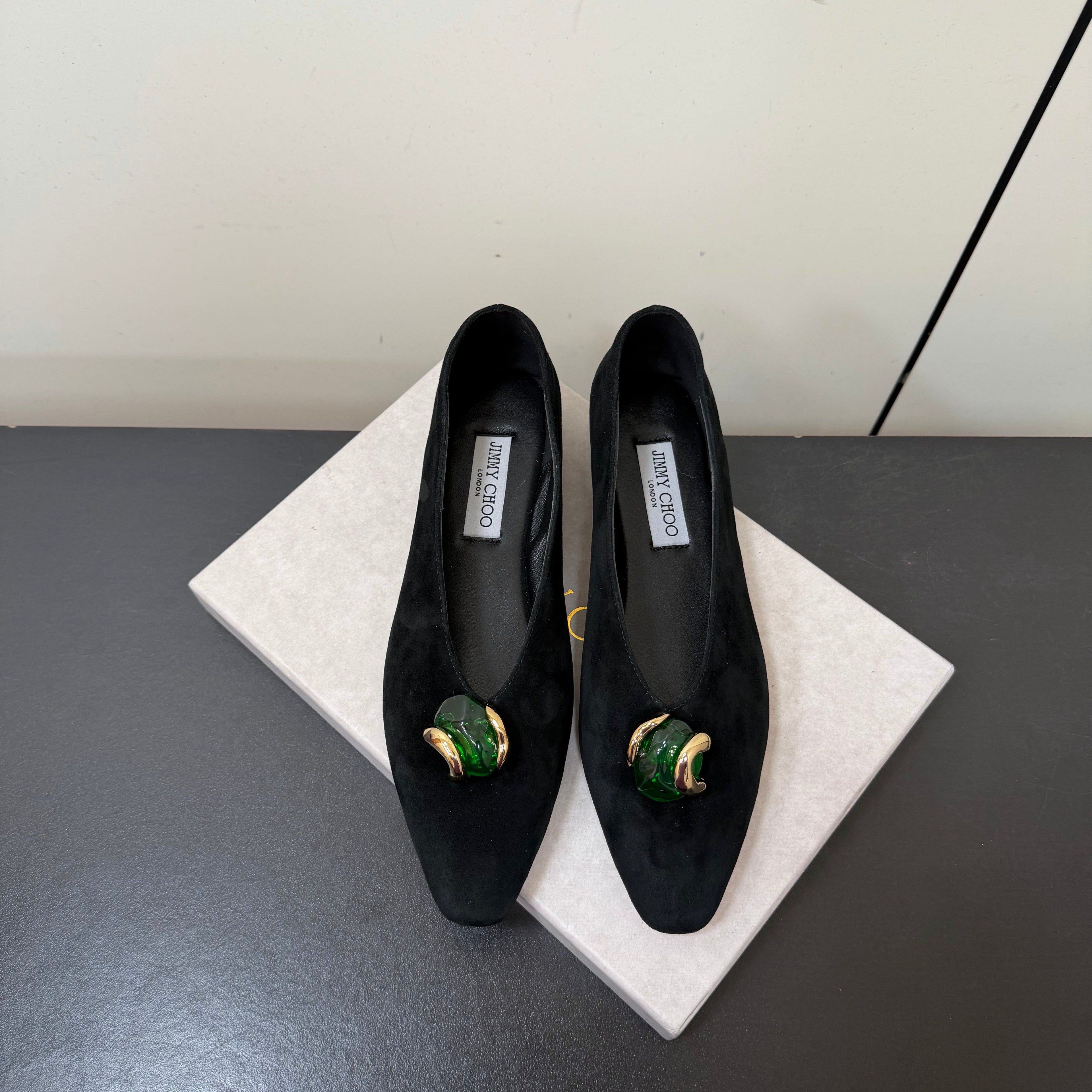 JIMMY CHOO 26S BALLET FLATS IN BLACK SUEDE
