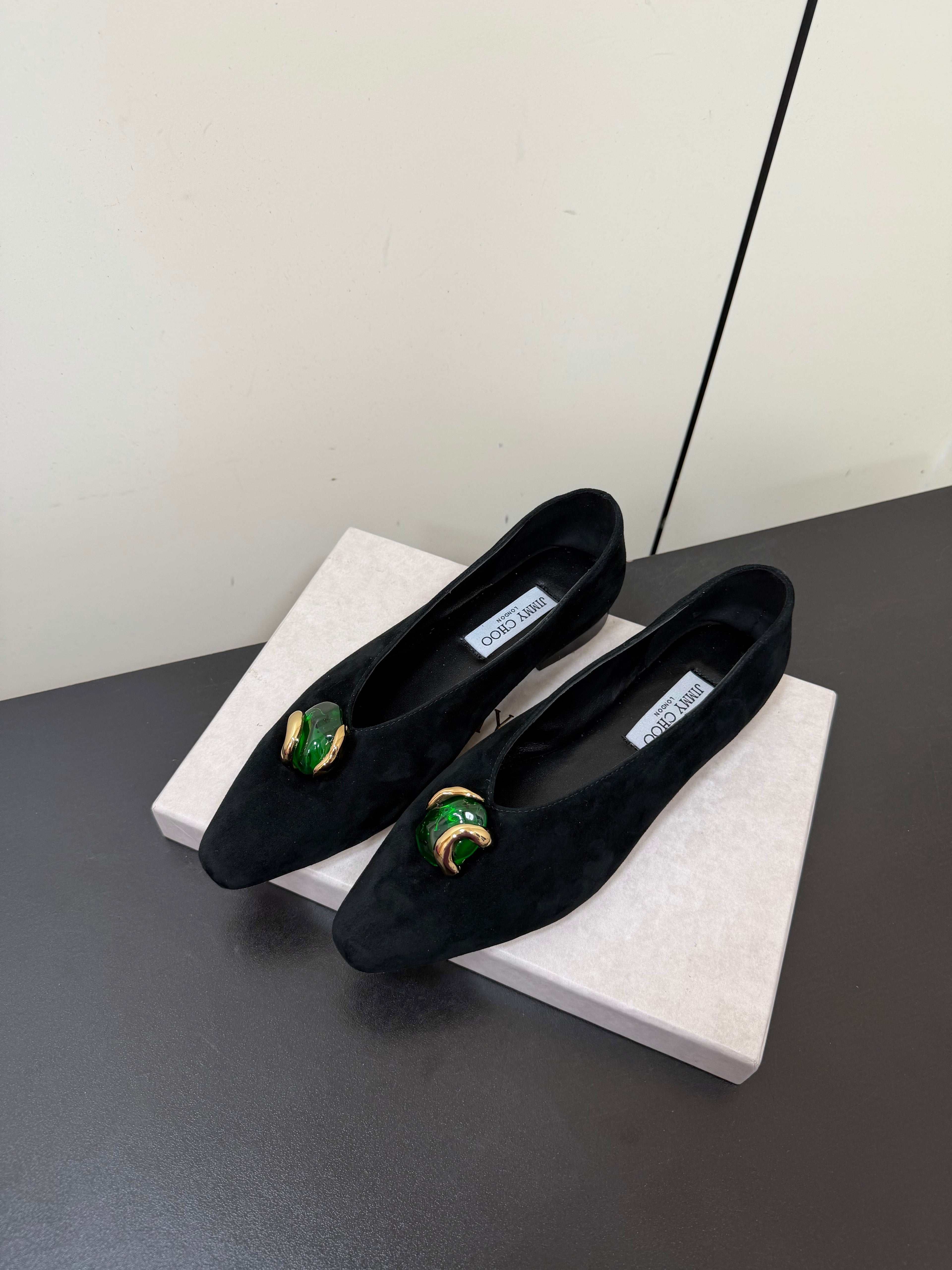JIMMY CHOO 26S BALLET FLATS IN BLACK SUEDE