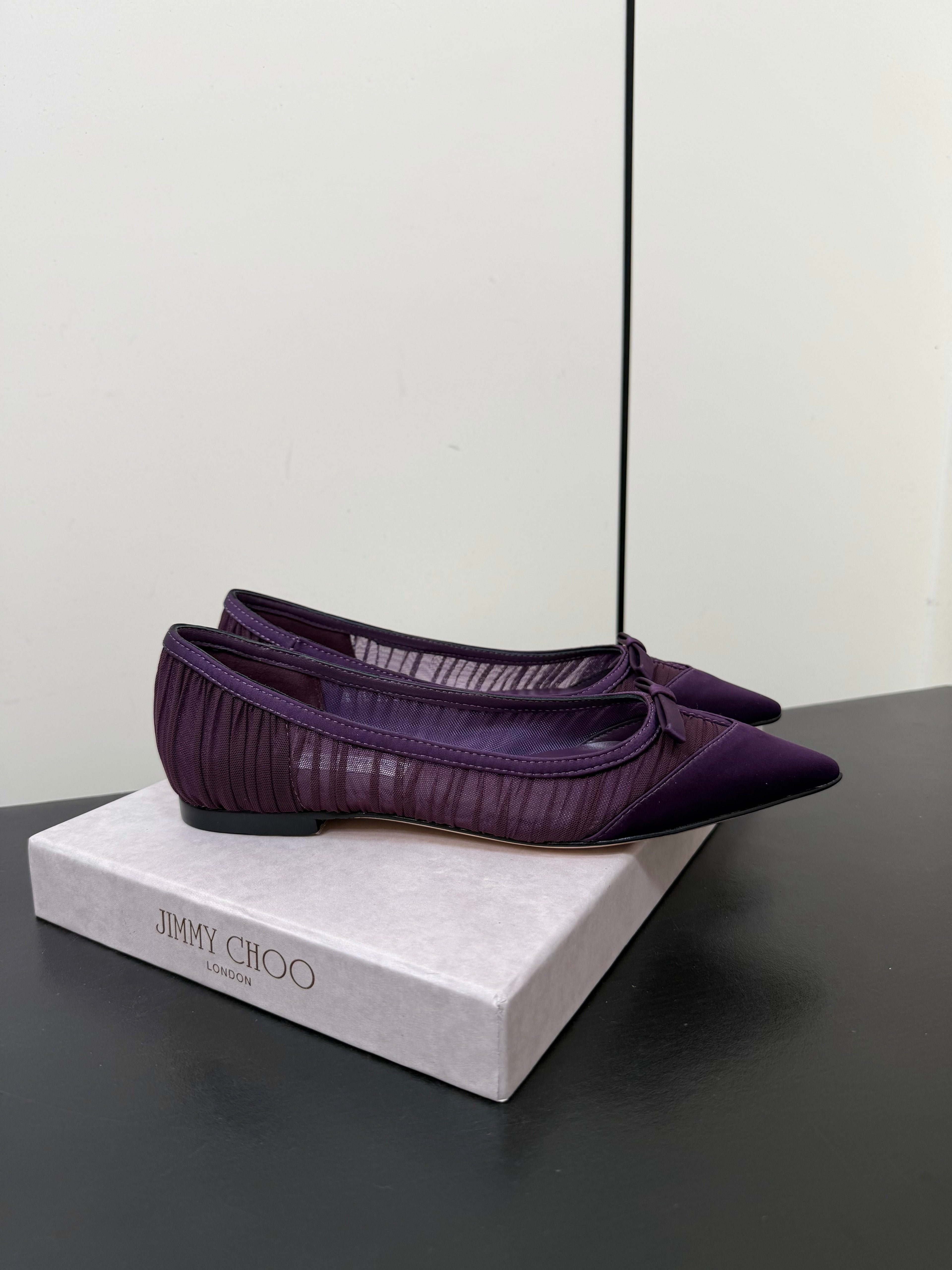 JIMMY CHOO 26S POINTED-TOE FLATS IN DARK PURPLE SATIN