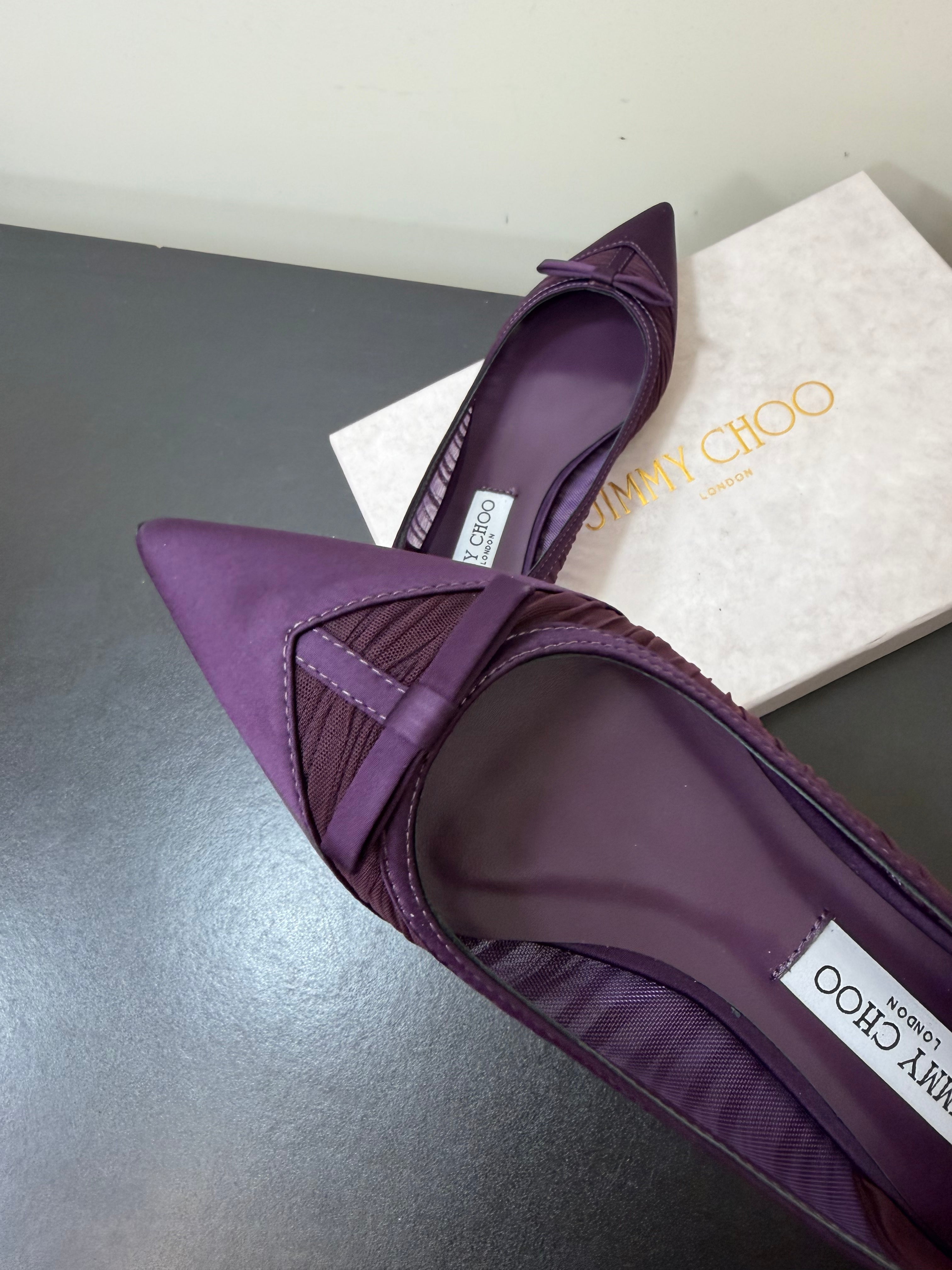 JIMMY CHOO 26S POINTED-TOE FLATS IN DARK PURPLE SATIN