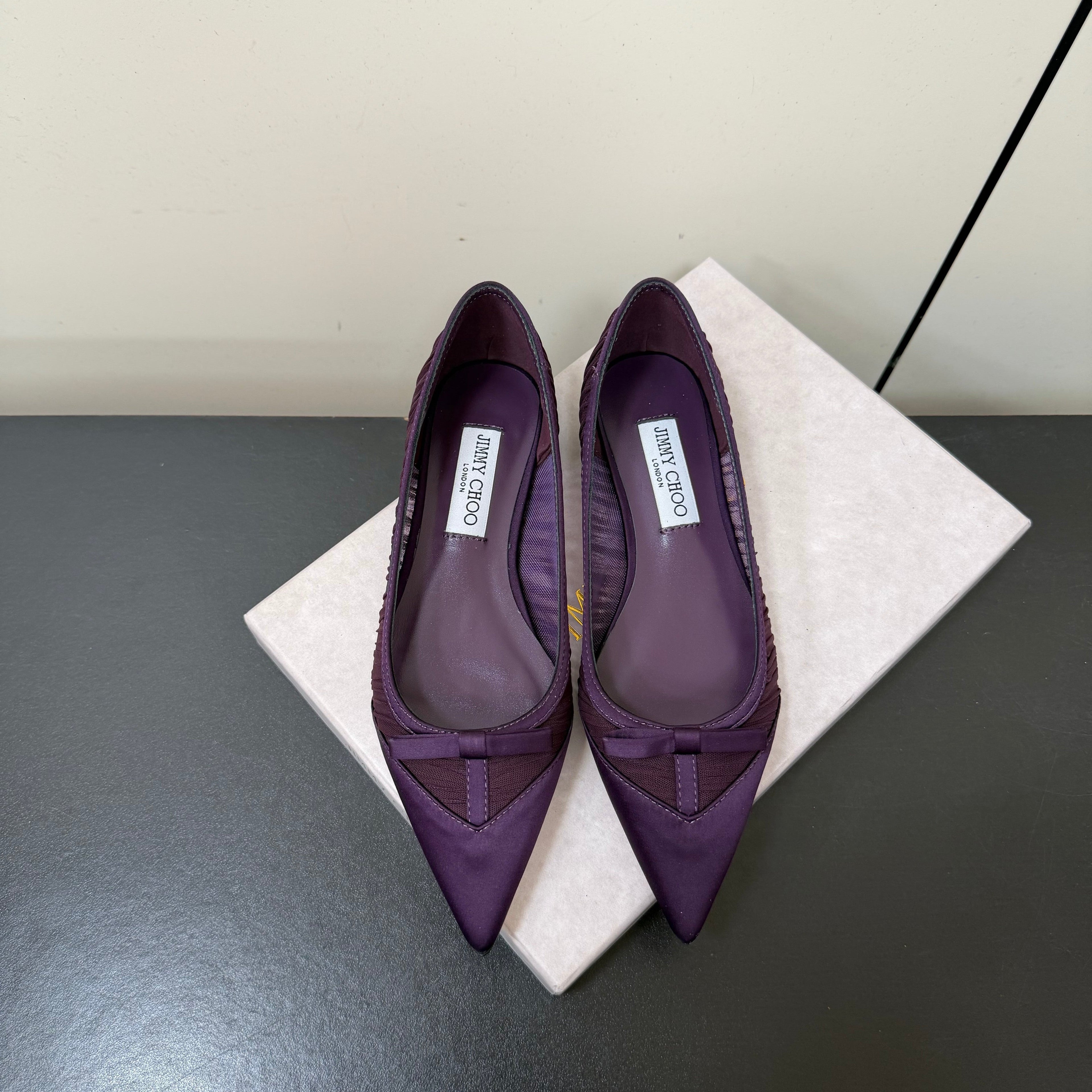 JIMMY CHOO 26S POINTED-TOE FLATS IN DARK PURPLE SATIN