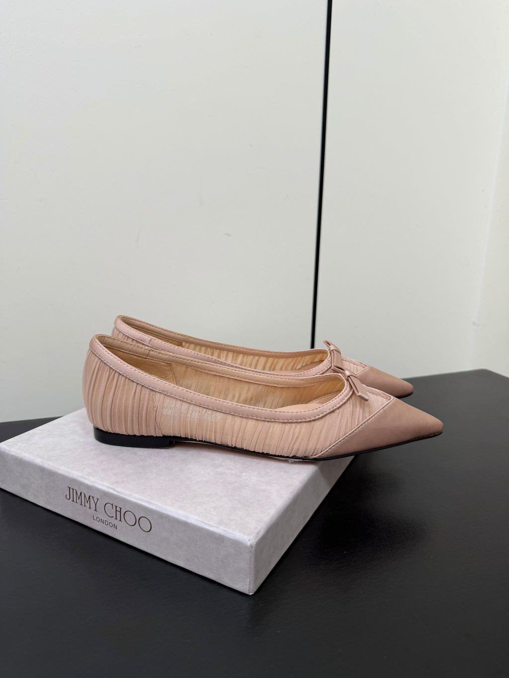 JIMMY CHOO 26S POINTED-TOE FLATS IN NUDE SATIN