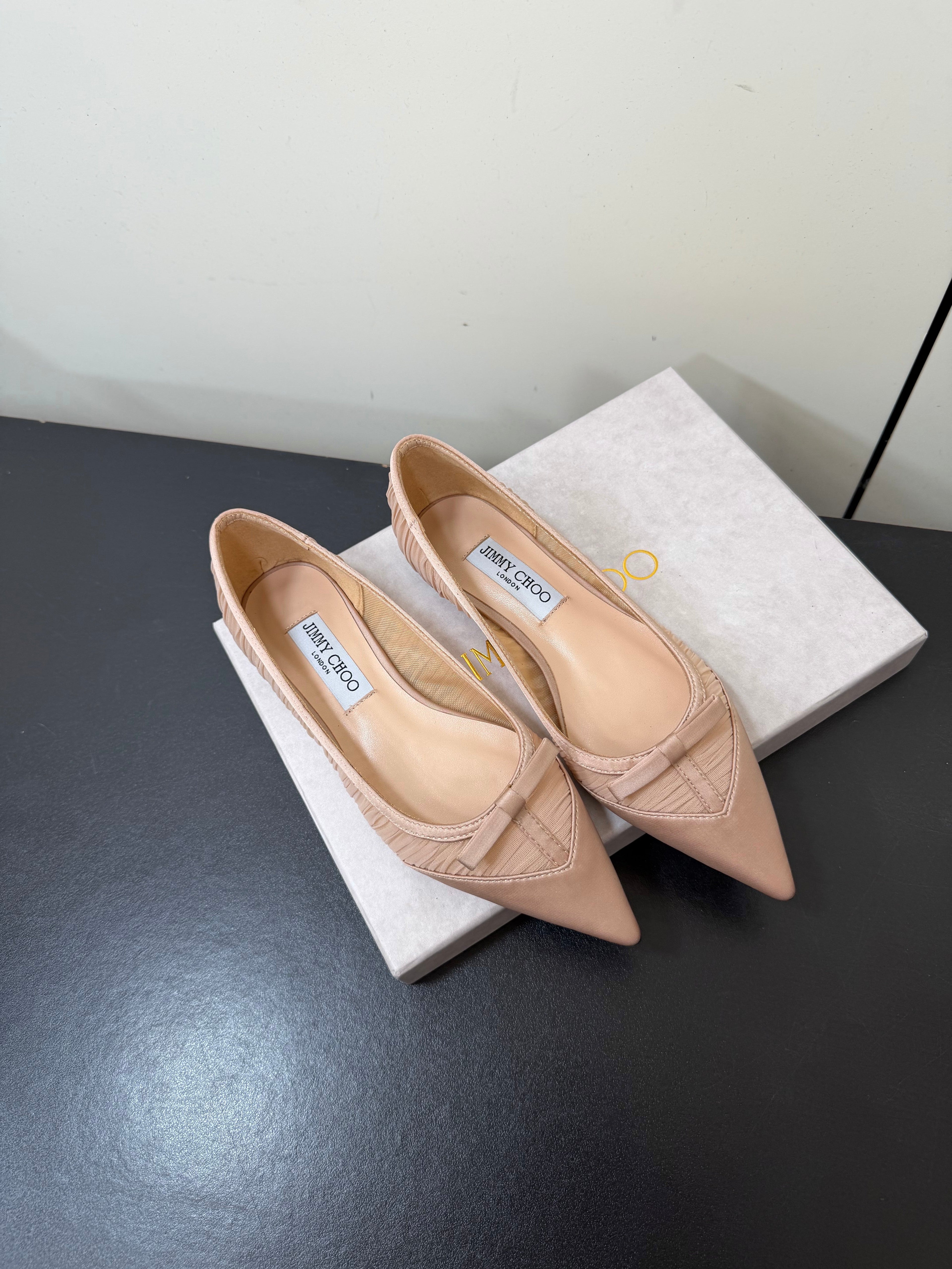 JIMMY CHOO 26S POINTED-TOE FLATS IN NUDE SATIN