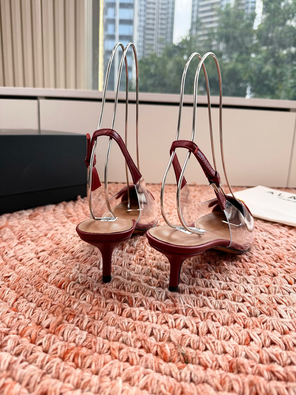 ALAIA 26S POINTED-TOE SLINGBACK HEELS IN DARK RED LAMBSKIN AND TRANSPARENT PVC