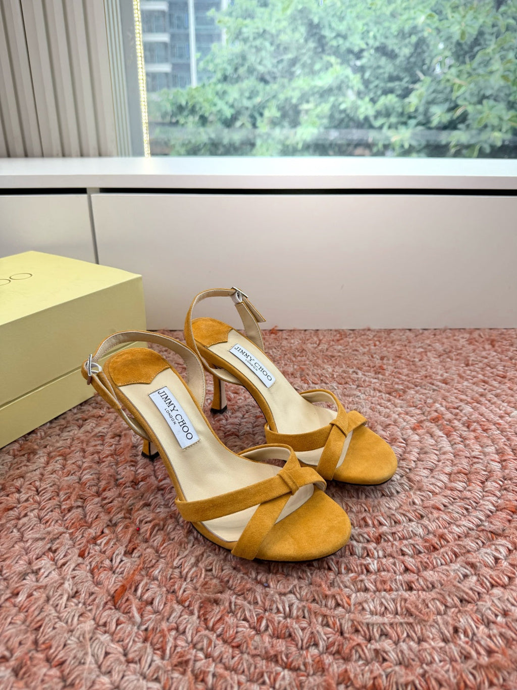 JIMMY CHOO 26S CROSS-STRAP HIGH-HEEL SANDALS IN MUSTARD YELLOW SUEDE