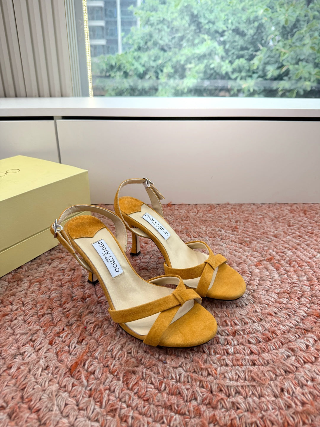 JIMMY CHOO 26S CROSS-STRAP HIGH-HEEL SANDALS IN MUSTARD YELLOW SUEDE