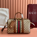 GUCCI 26S OPHIDIA MEDIUM BOSTON BAG 30 IN WARM BEIGE AND BROWN CANVAS