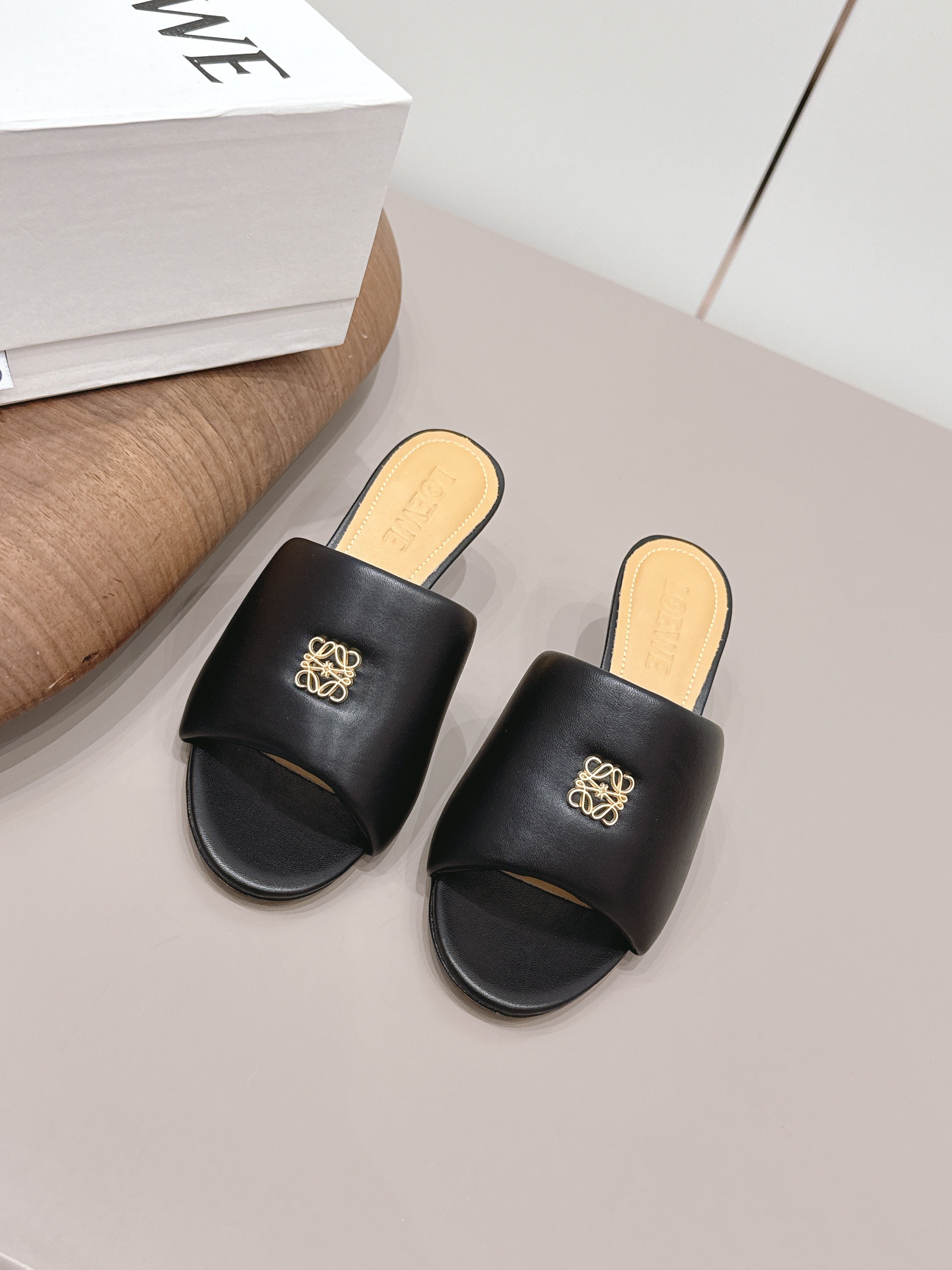 LOEWE 26S MULE HEELS 45MM IN BLACK LAMBSKIN GOLD HARDWARE