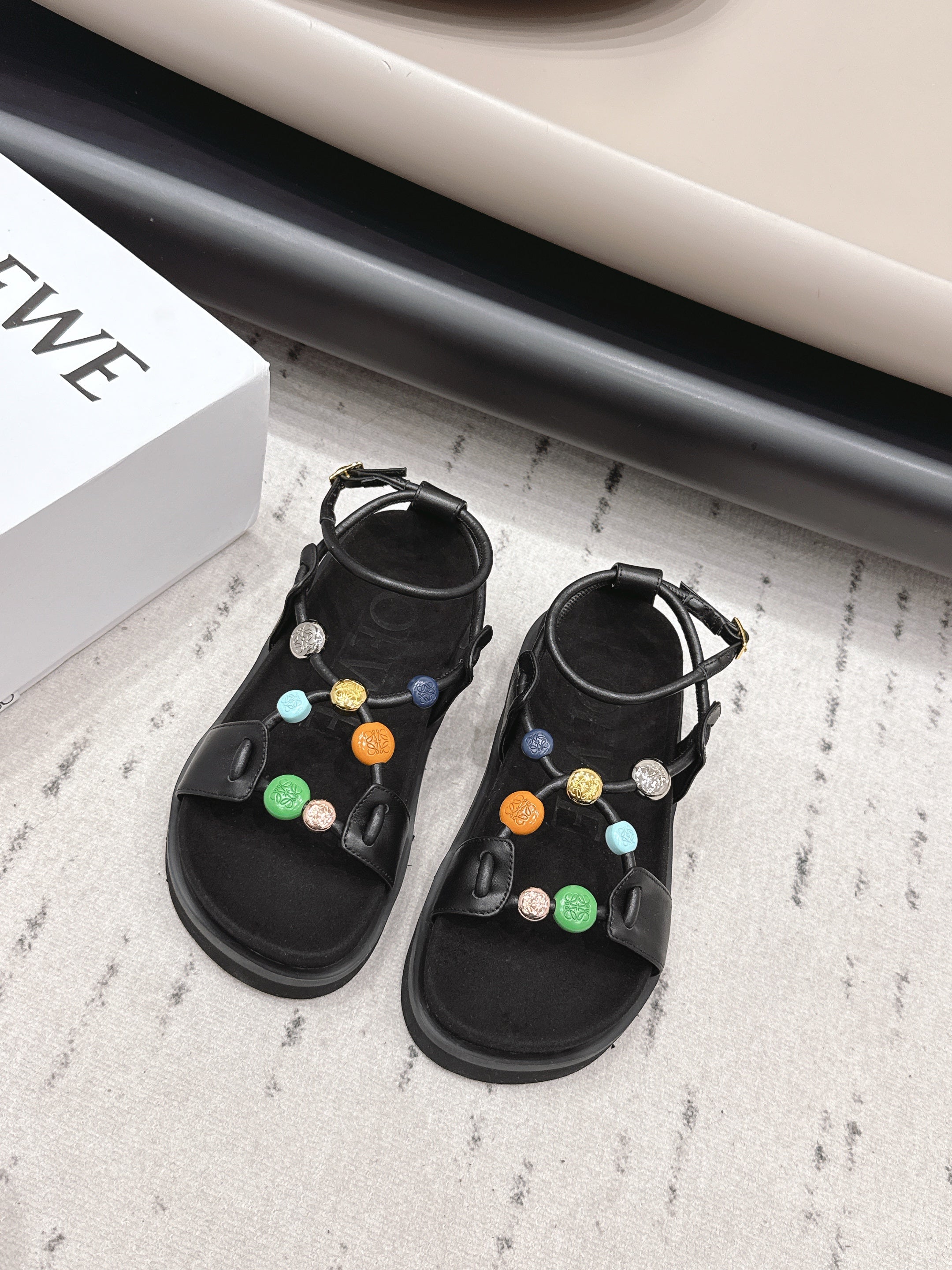 LOEWE 26S ROUND TOE WEDGE SANDALS 30MM IN BLACK CALFSKIN AND SUEDE