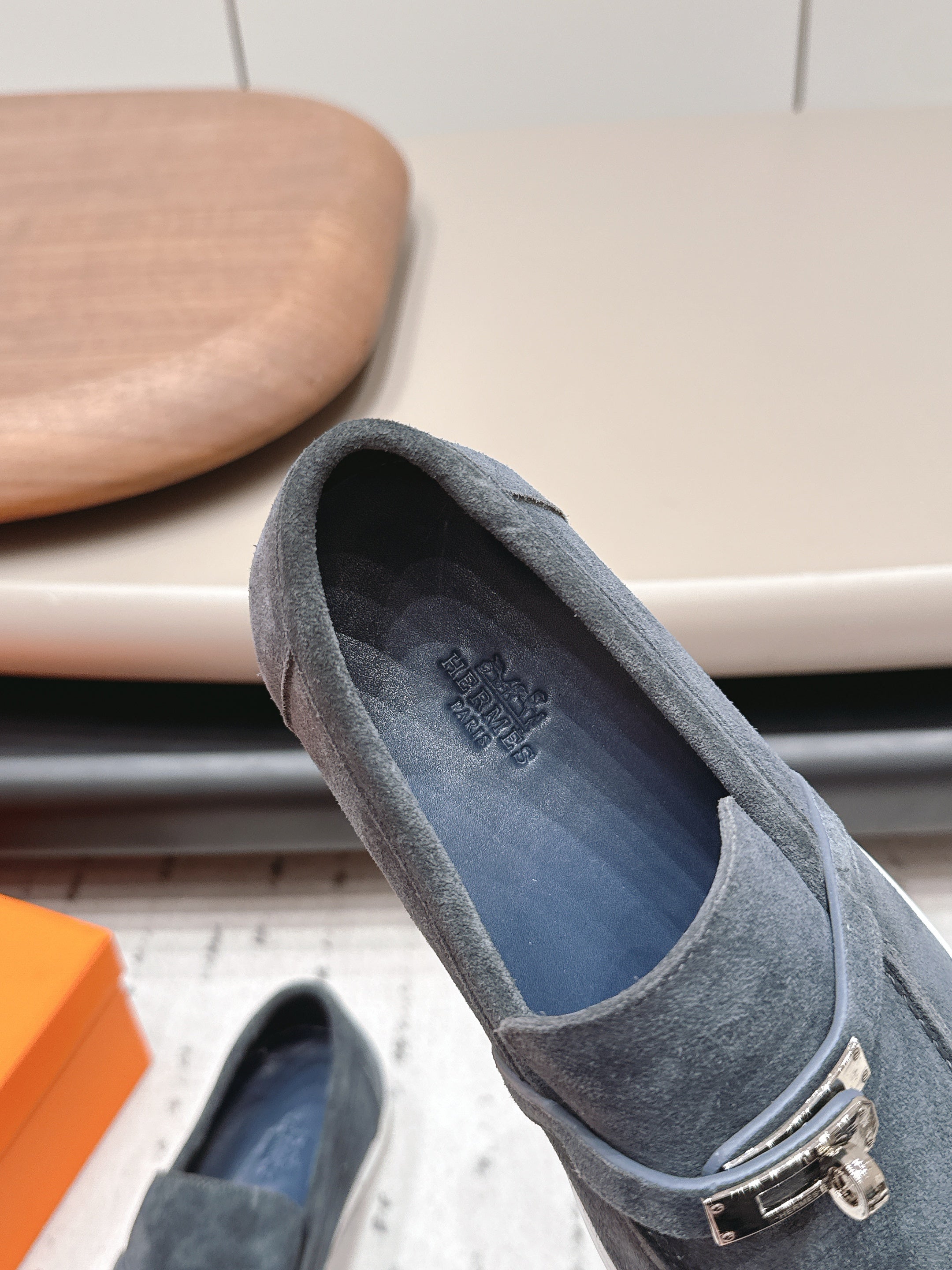 HM 26S KELLY PARIS LOAFERS IN BLUE GREY SUEDE SILVER HARDWARE