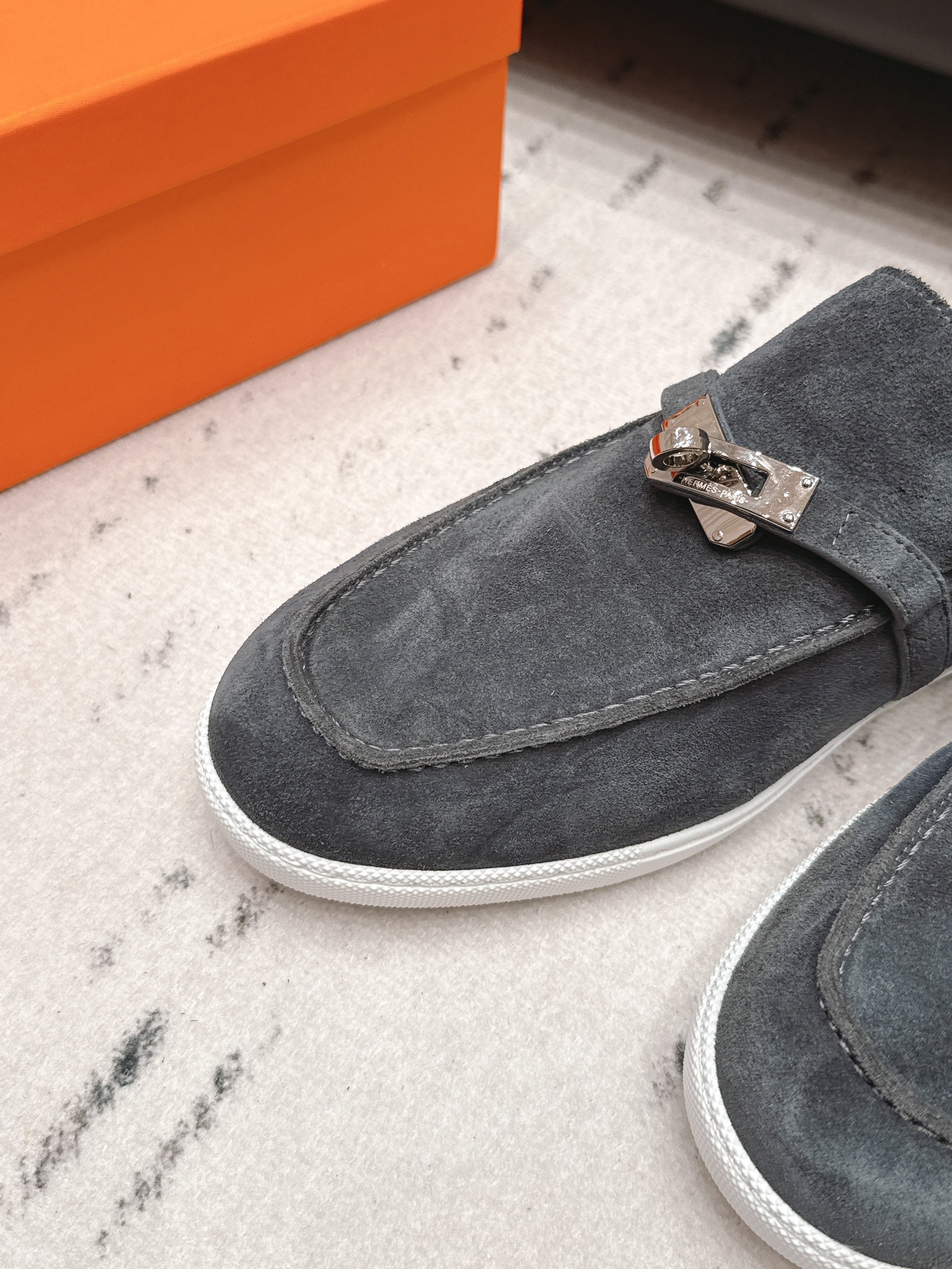 HM 26S KELLY PARIS LOAFERS IN BLUE GREY SUEDE SILVER HARDWARE
