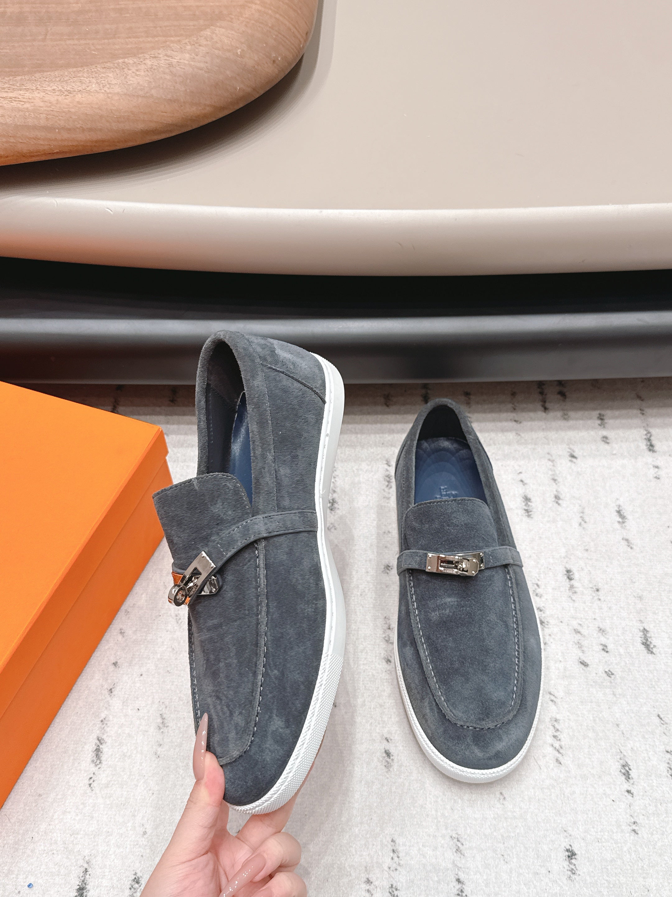 HM 26S KELLY PARIS LOAFERS IN BLUE GREY SUEDE SILVER HARDWARE