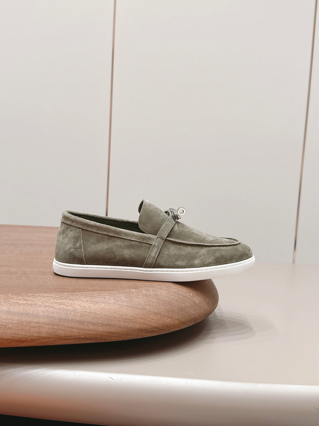 HM 26S KELLY PARIS LOAFERS IN OLIVE GREEN SUEDE SILVER HARDWARE