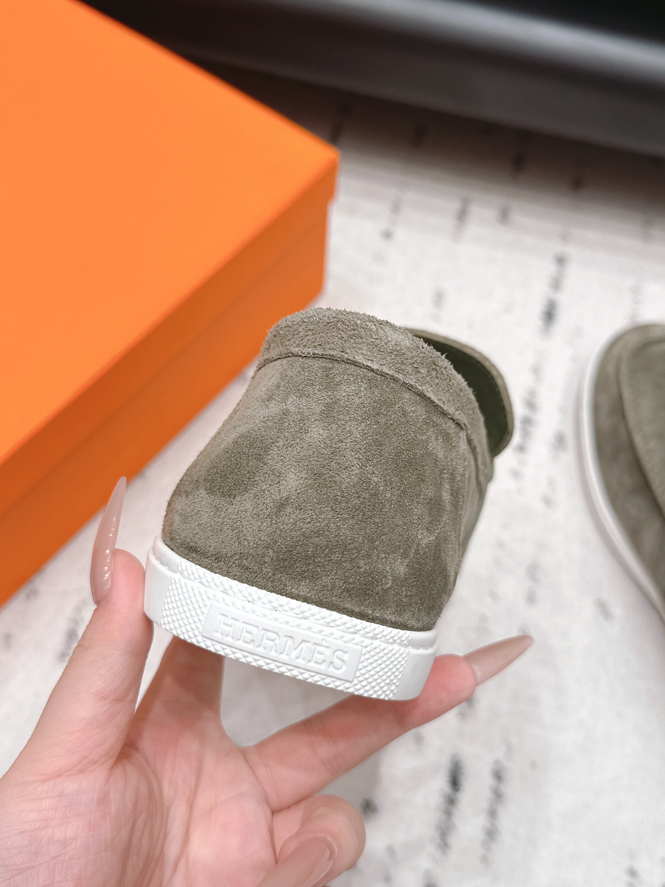 HM 26S KELLY PARIS LOAFERS IN OLIVE GREEN SUEDE SILVER HARDWARE