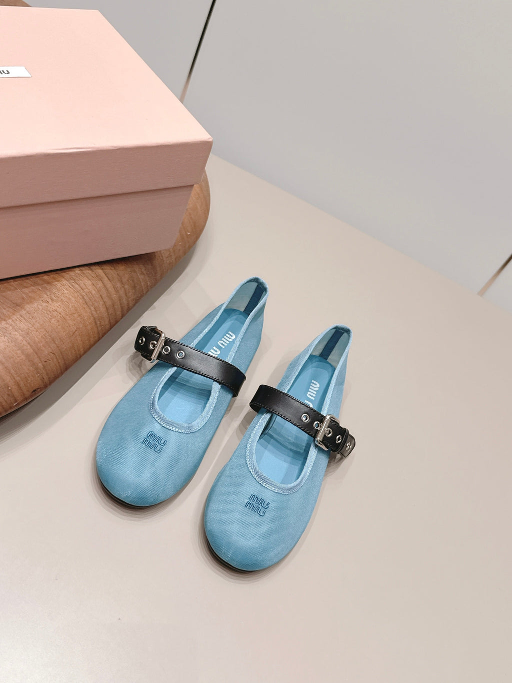 MIUMIU 26S BALLERINAS IN BLUE MESH AND BLACK CALFSKIN
