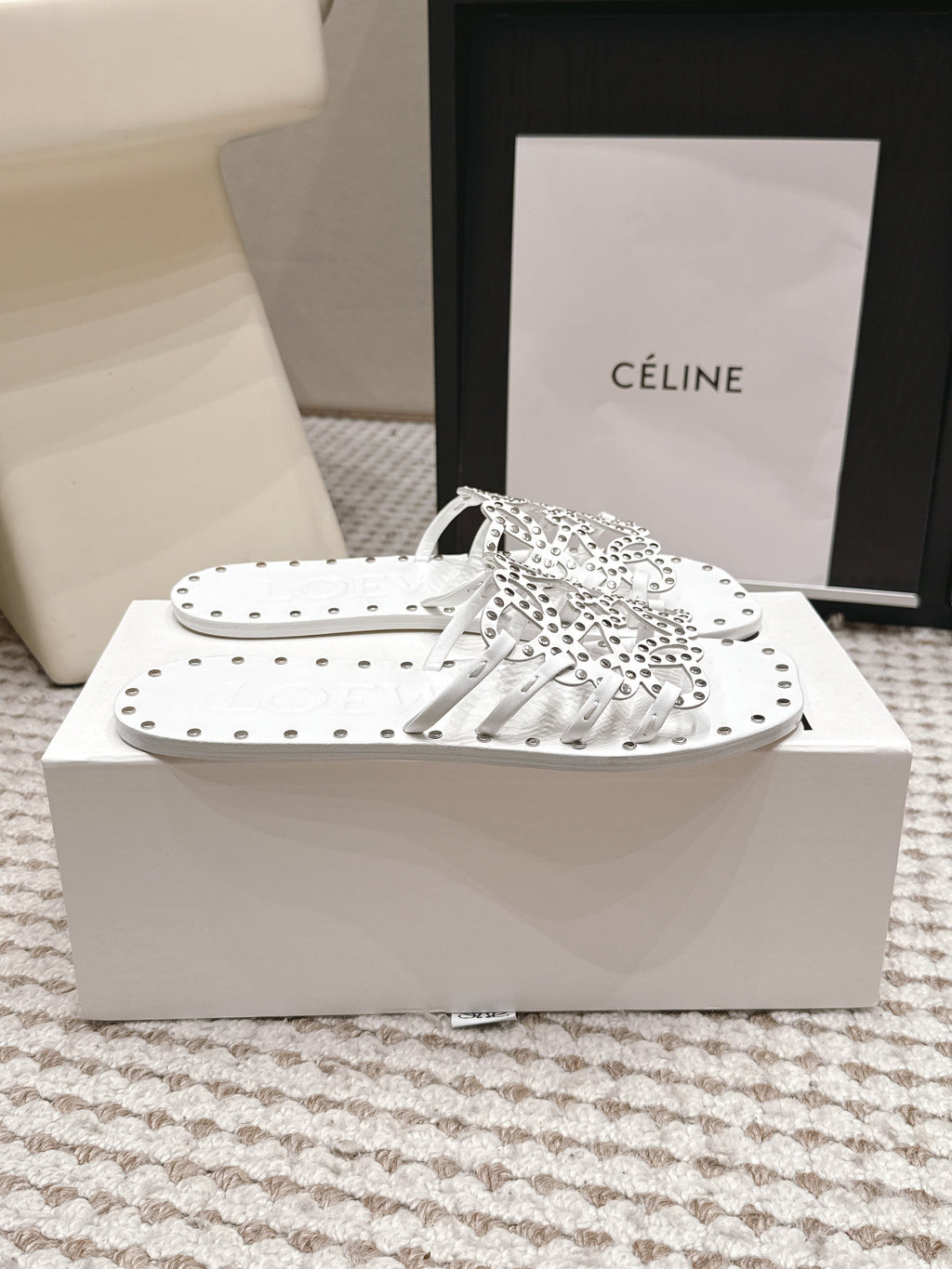 LOEWE 26S PETAL ANAGRAM SLIDE IN WHITE CALFSKIN WITH STUDS