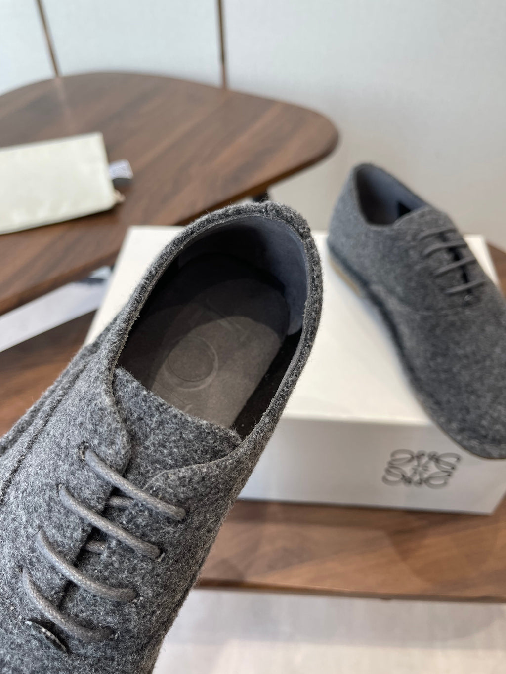 LOEWE 26S FOLIO DERBY SHOES IN DARK GRAY SUEDE
