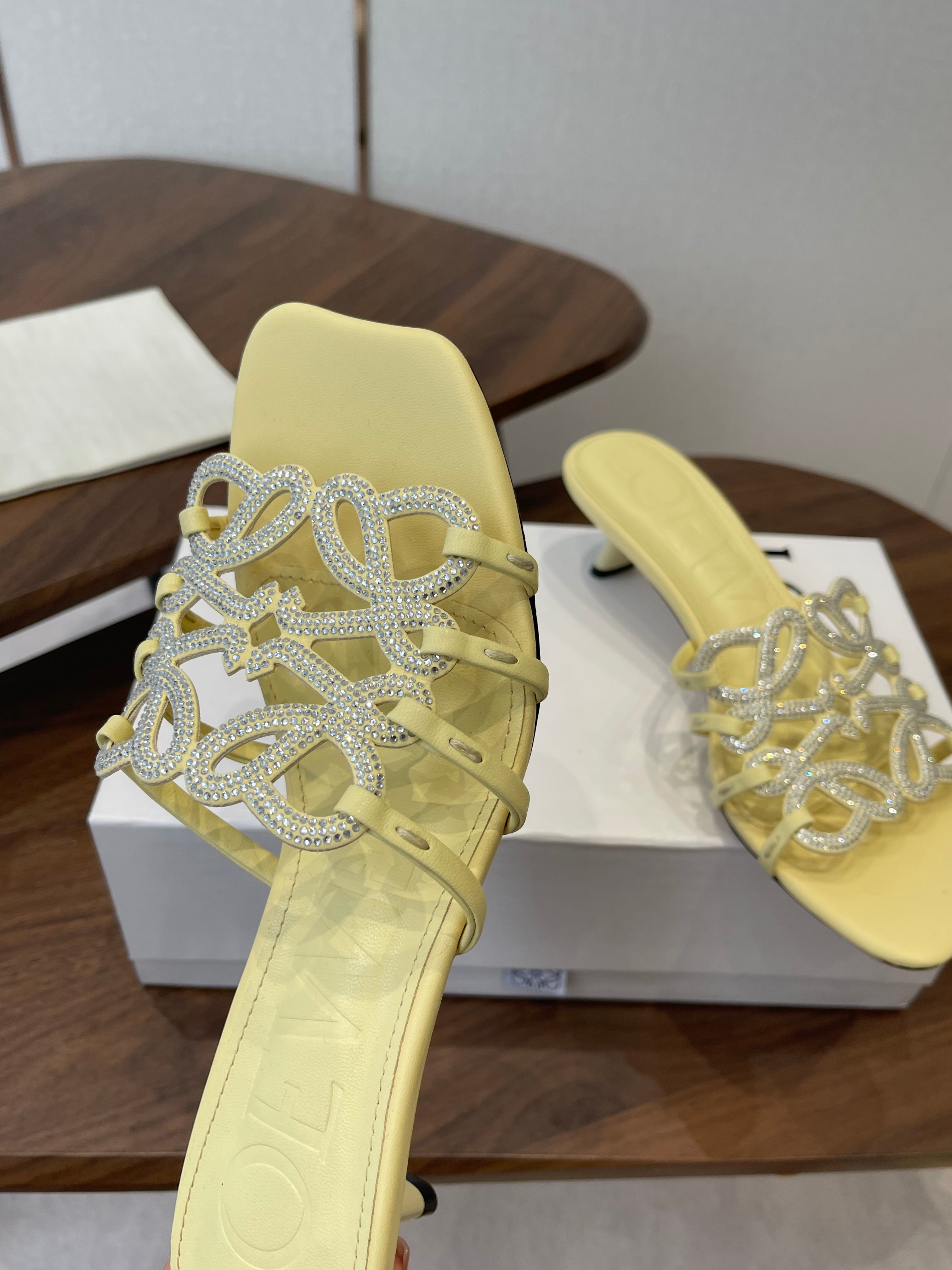 LOEWE 26S HIGH HEEL SANDALS IN BUTTER YELLOW CALFSKIN WITH CRYSTALS