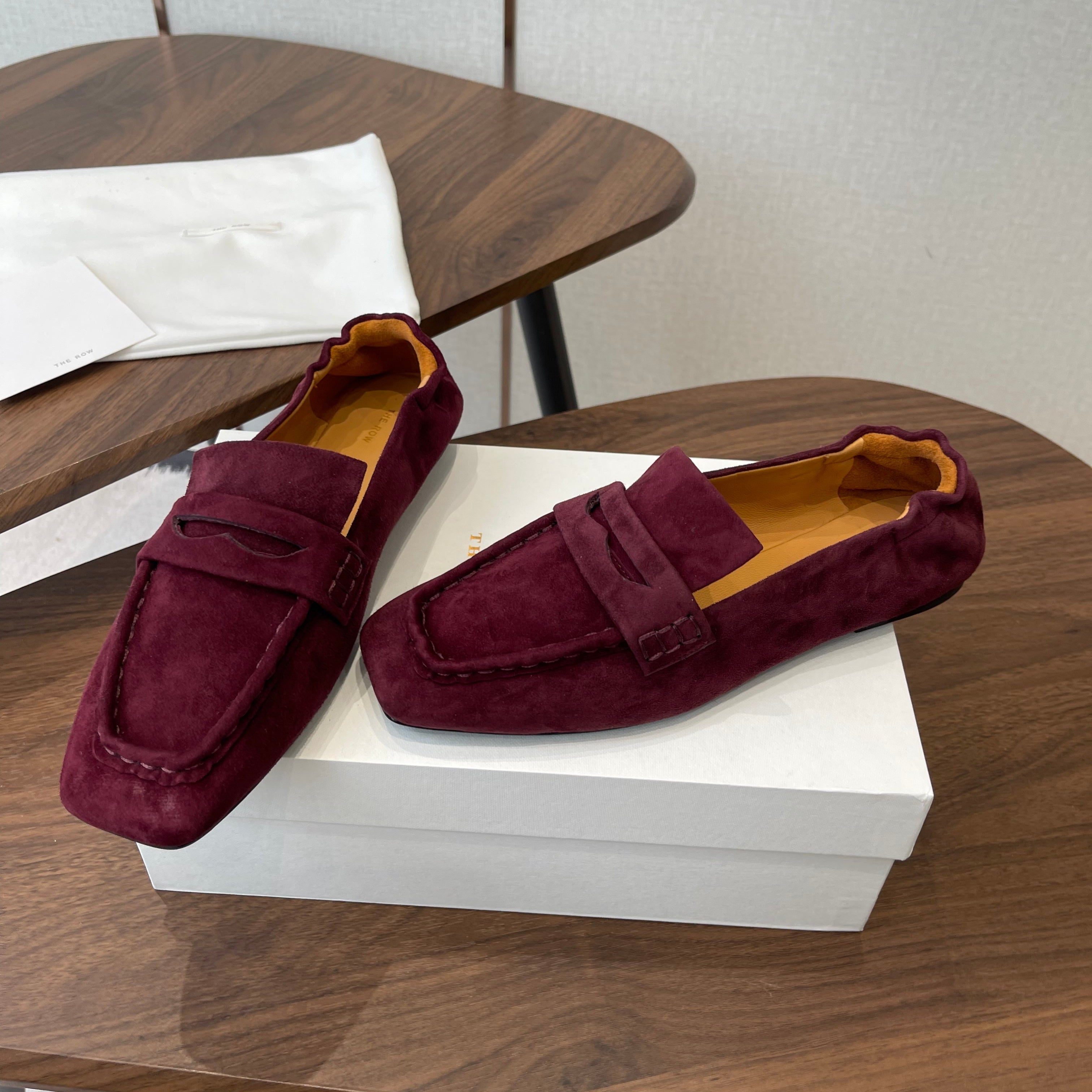 THE ROW 26S SQUARE TOE LOAFERS IN BURGUNDY RED SUEDE