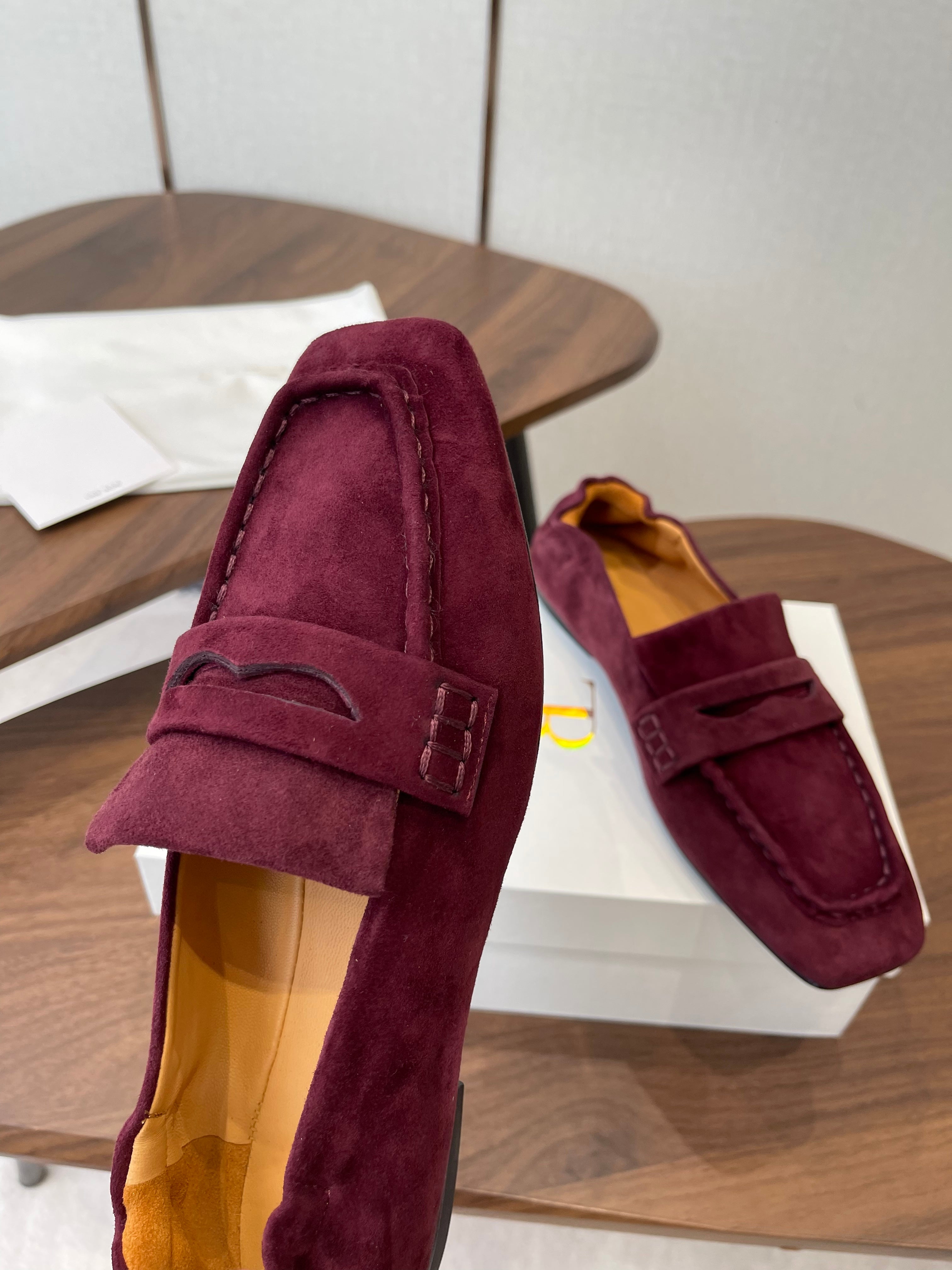 THE ROW 26S SQUARE TOE LOAFERS IN BURGUNDY RED SUEDE