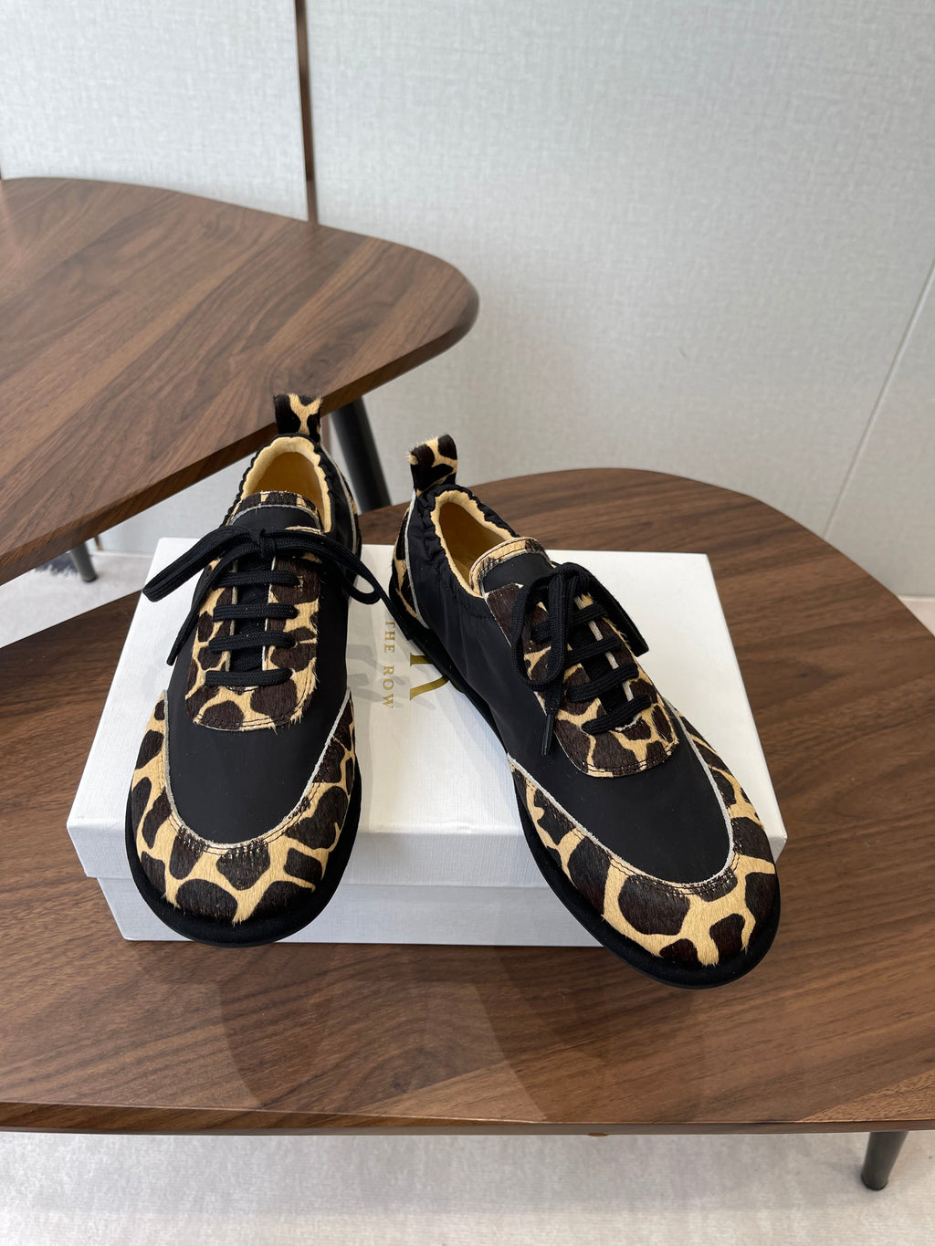 THE ROW 26S SNEAKERS IN LEOPARD PONY HAIR AND BLACK FABRIC
