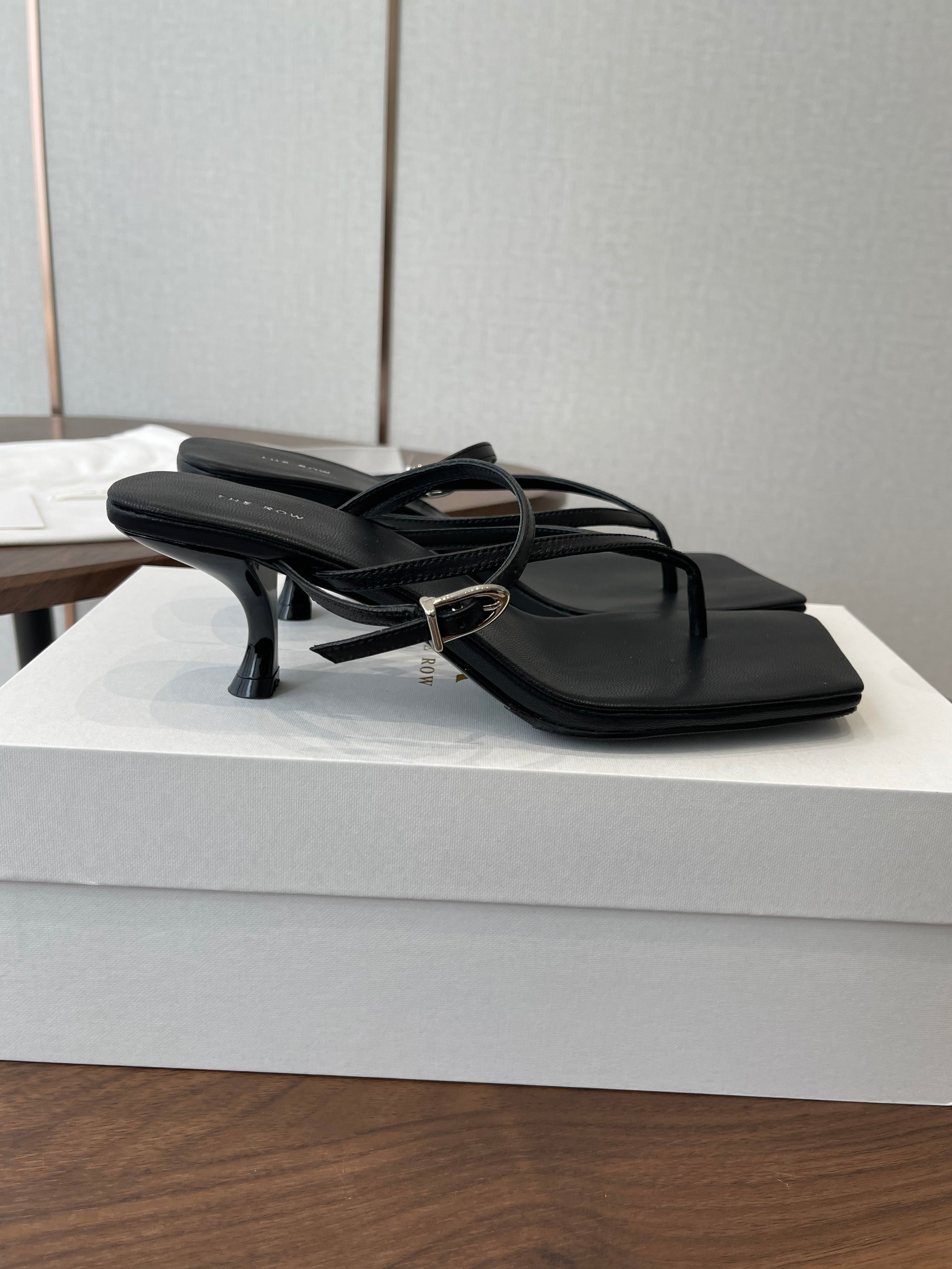 THE ROW 26S SQUARE TOE THONG HEELS IN BLACK CALFSKIN