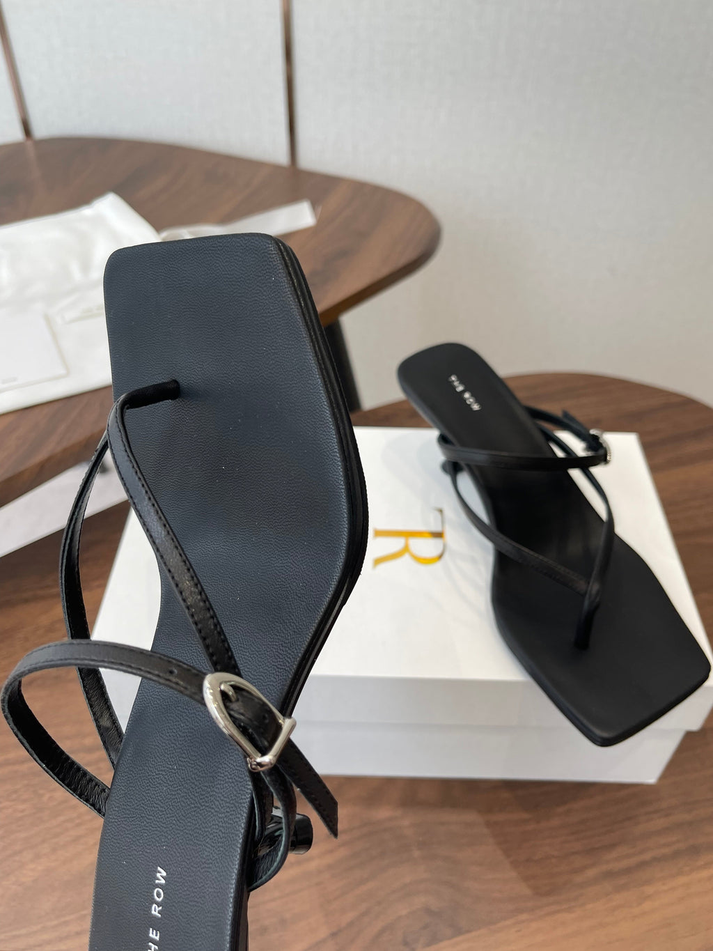 THE ROW 26S SQUARE TOE THONG HEELS IN BLACK CALFSKIN