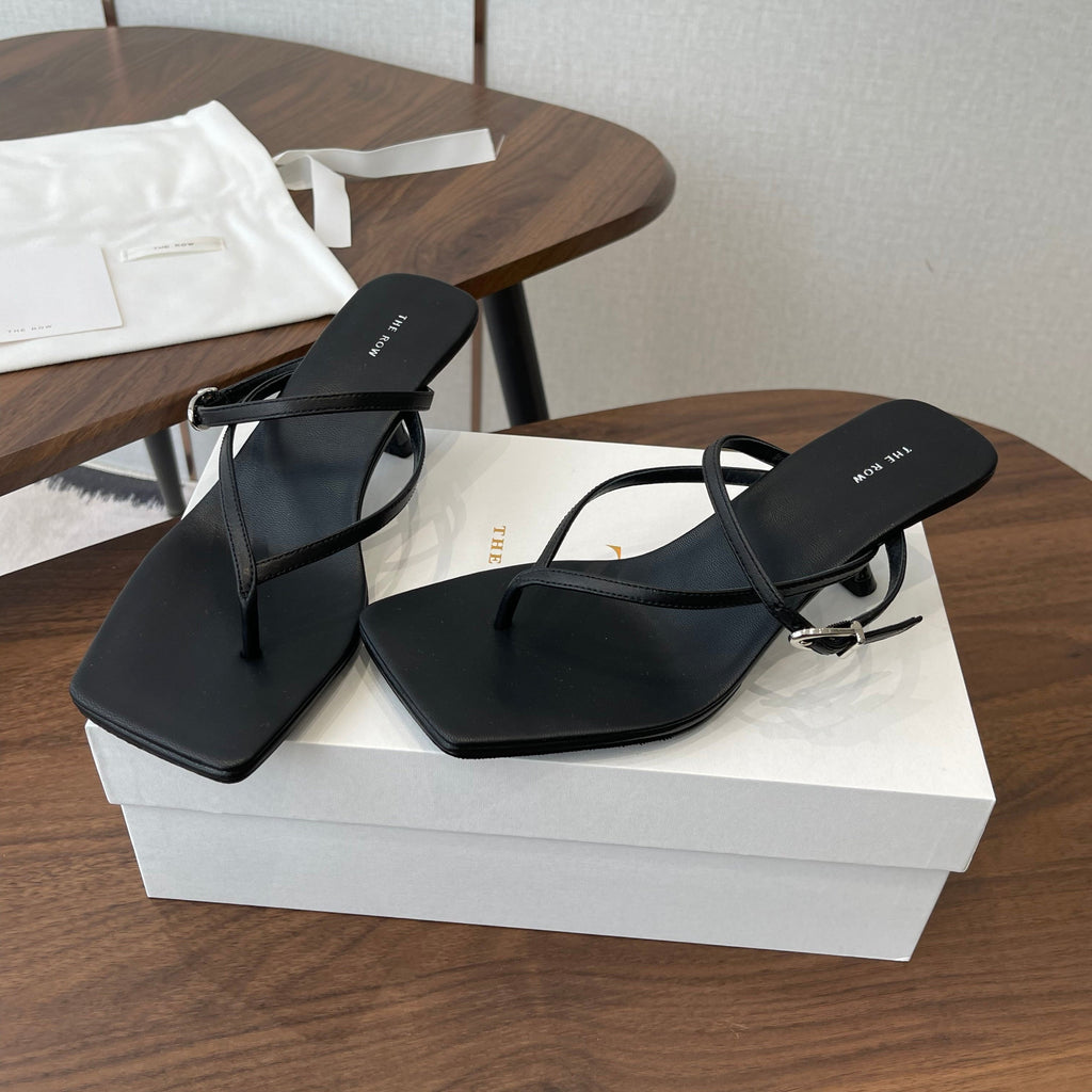 THE ROW 26S SQUARE TOE THONG HEELS IN BLACK CALFSKIN