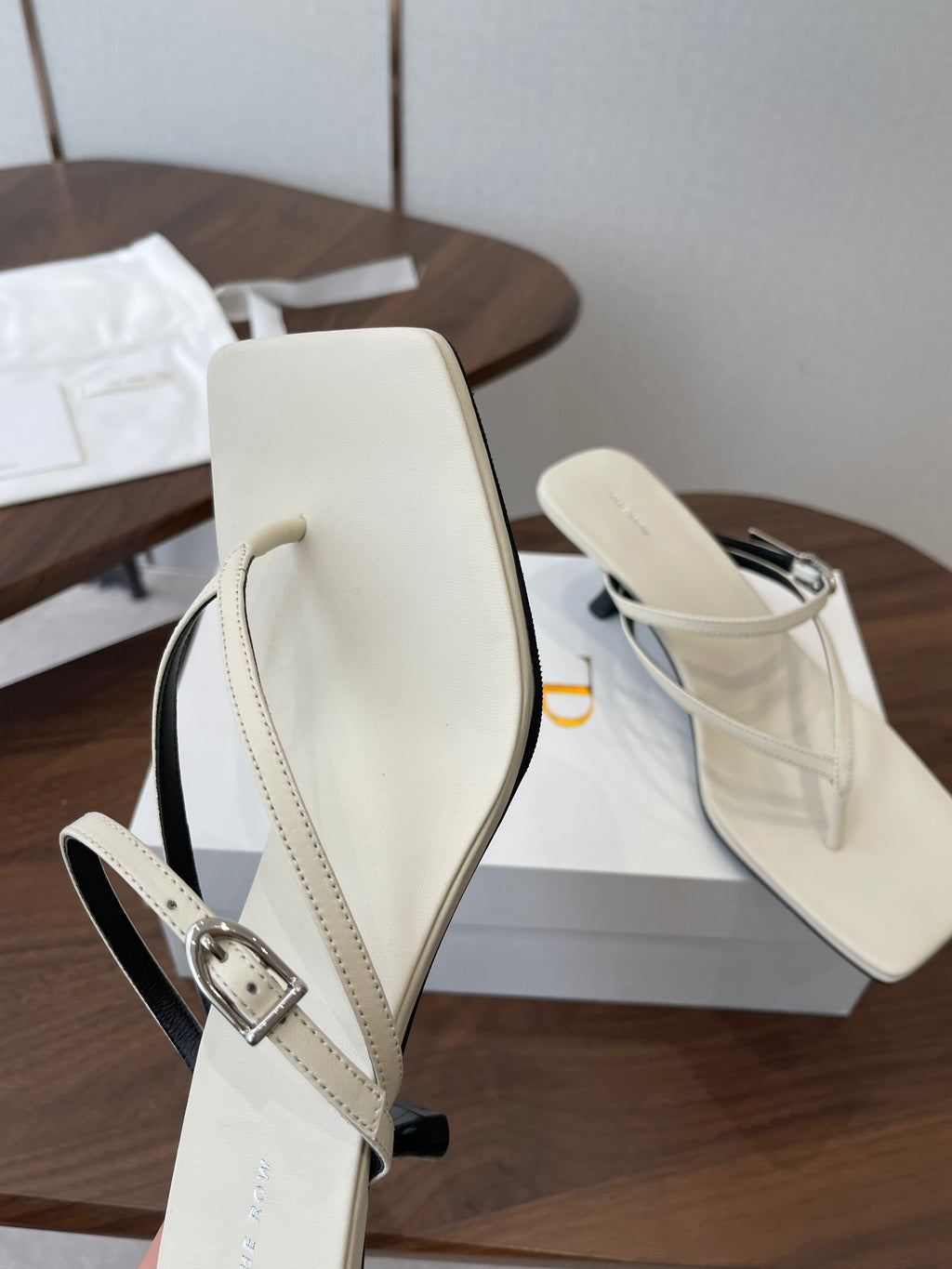 THE ROW 26S SQUARE TOE THONG HEELS IN IVORY WHITE CALFSKIN