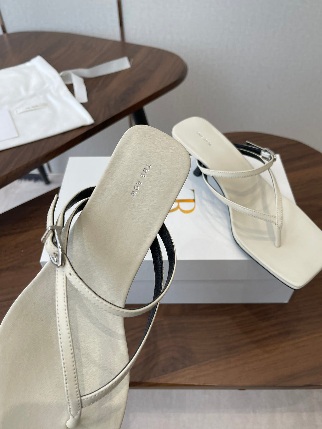 THE ROW 26S SQUARE TOE THONG HEELS IN IVORY WHITE CALFSKIN
