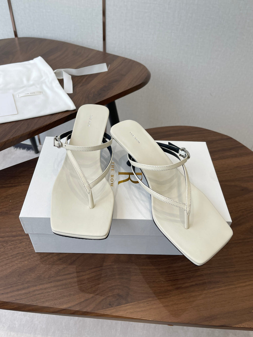 THE ROW 26S SQUARE TOE THONG HEELS IN IVORY WHITE CALFSKIN