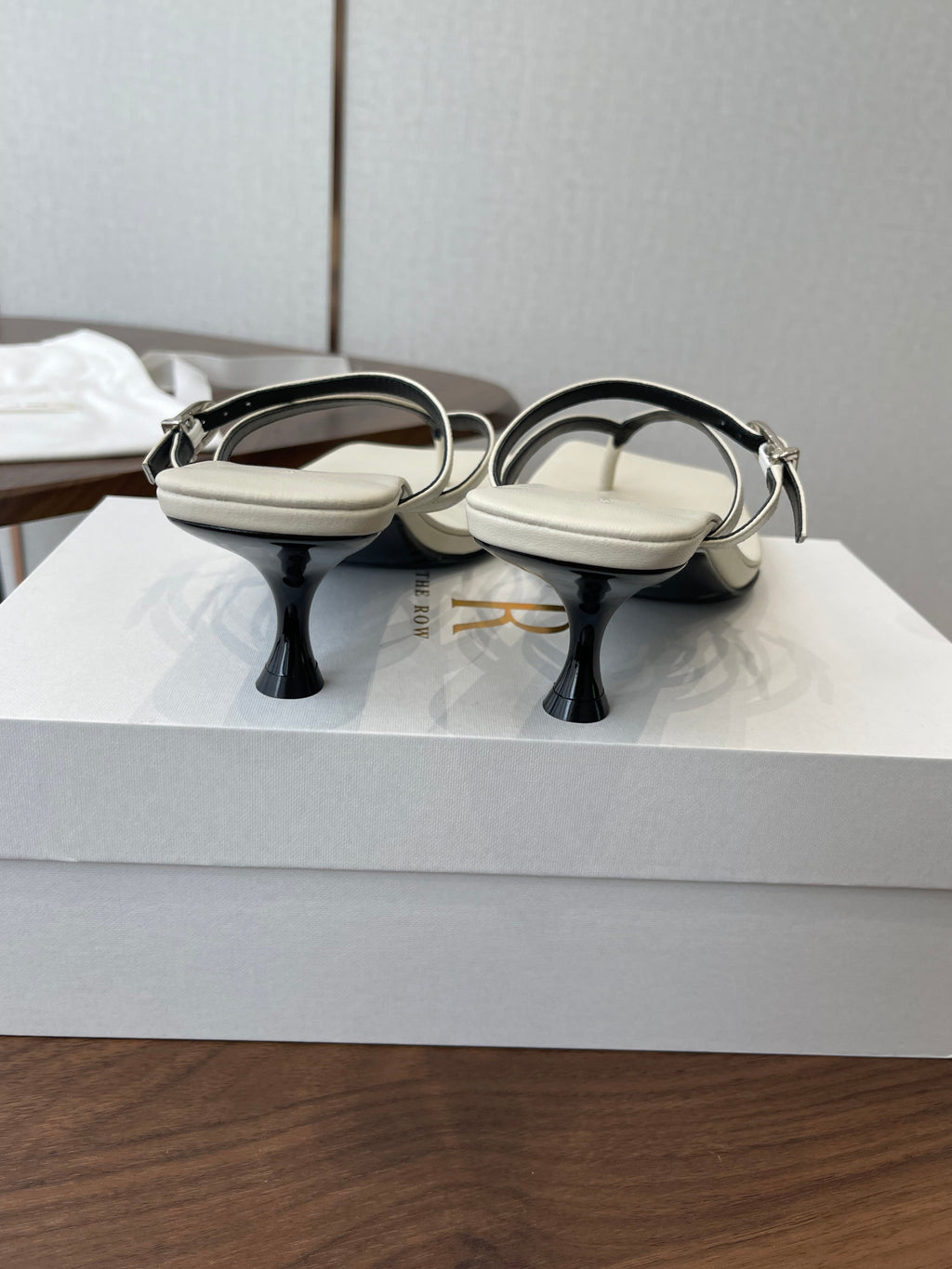 THE ROW 26S SQUARE TOE THONG HEELS IN IVORY WHITE CALFSKIN