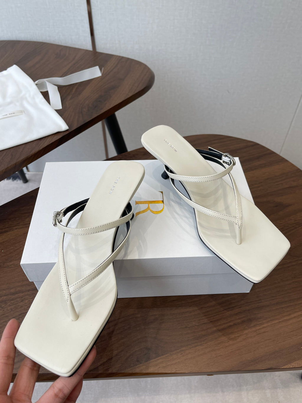 THE ROW 26S SQUARE TOE THONG HEELS IN IVORY WHITE CALFSKIN