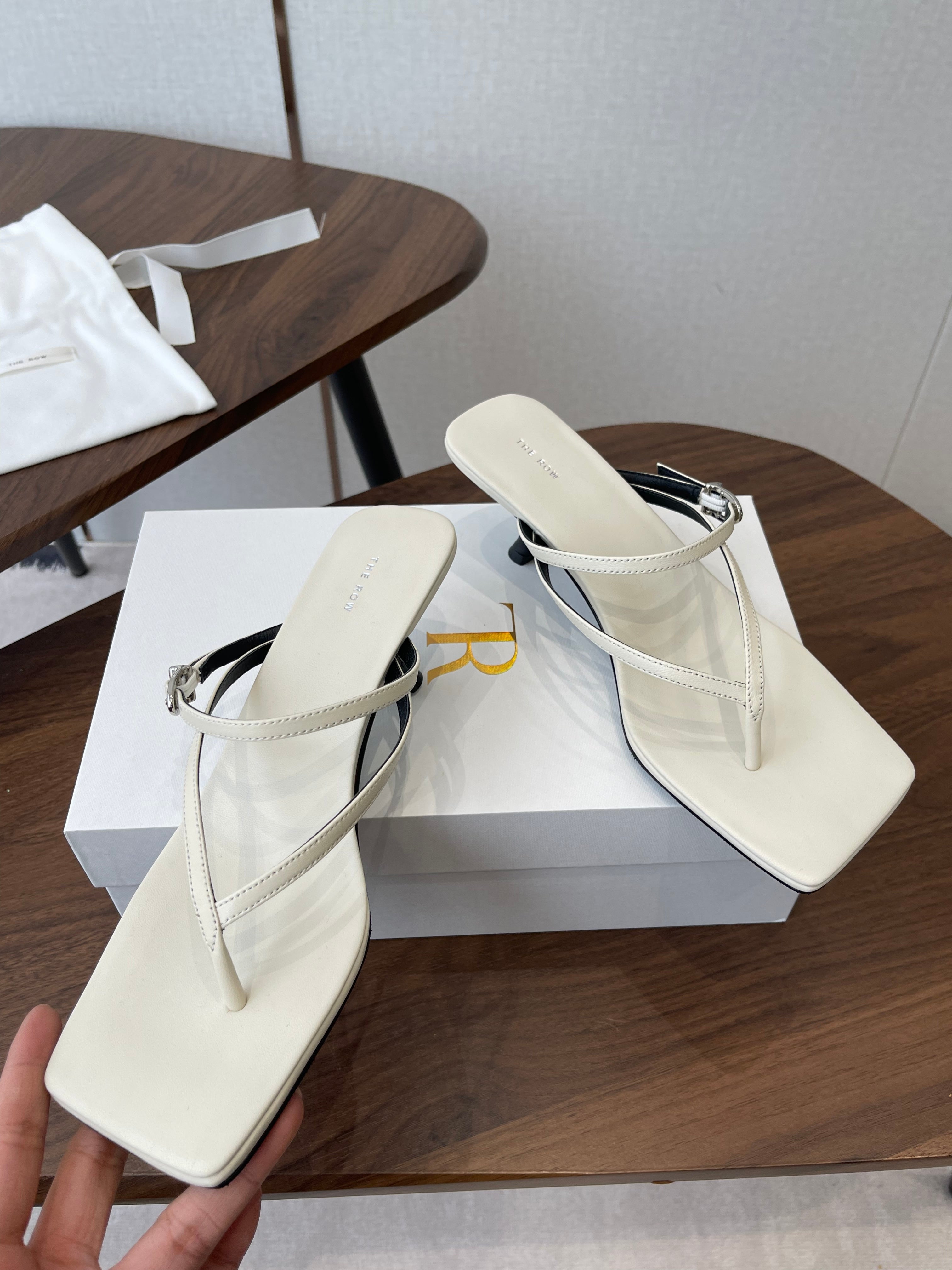 THE ROW 26S SQUARE TOE THONG HEELS IN IVORY WHITE CALFSKIN
