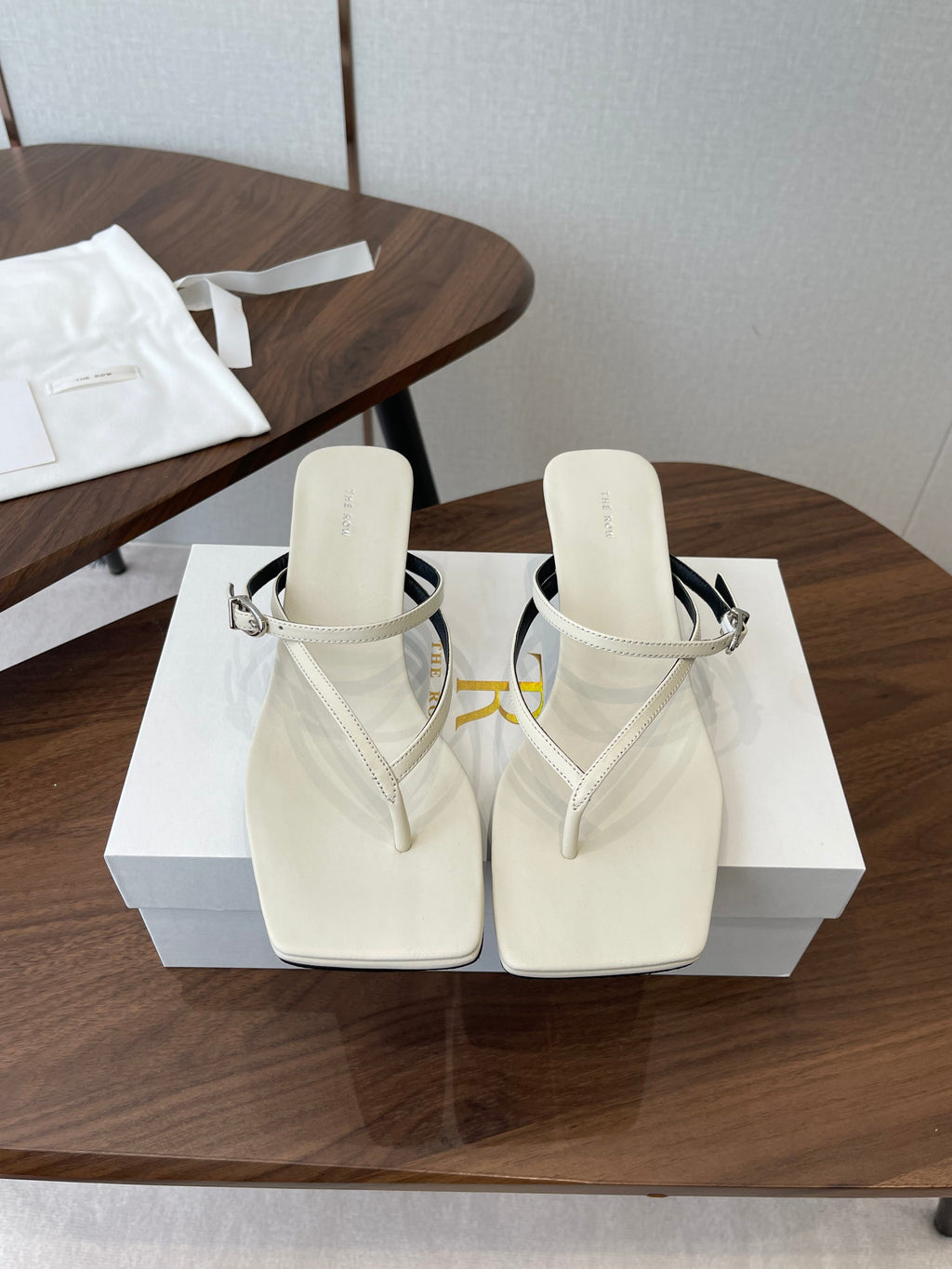 THE ROW 26S SQUARE TOE THONG HEELS IN IVORY WHITE CALFSKIN