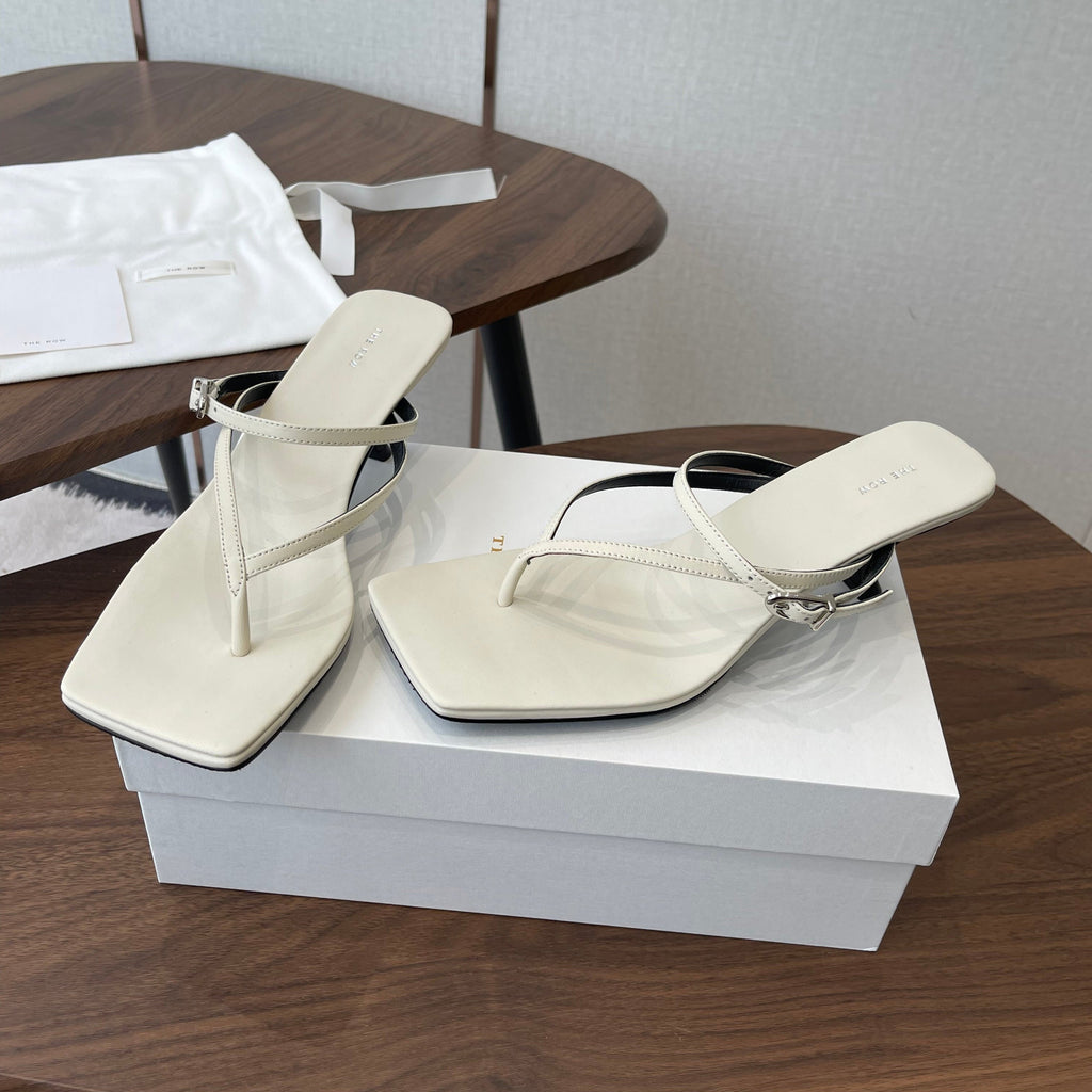 THE ROW 26S SQUARE TOE THONG HEELS IN IVORY WHITE CALFSKIN