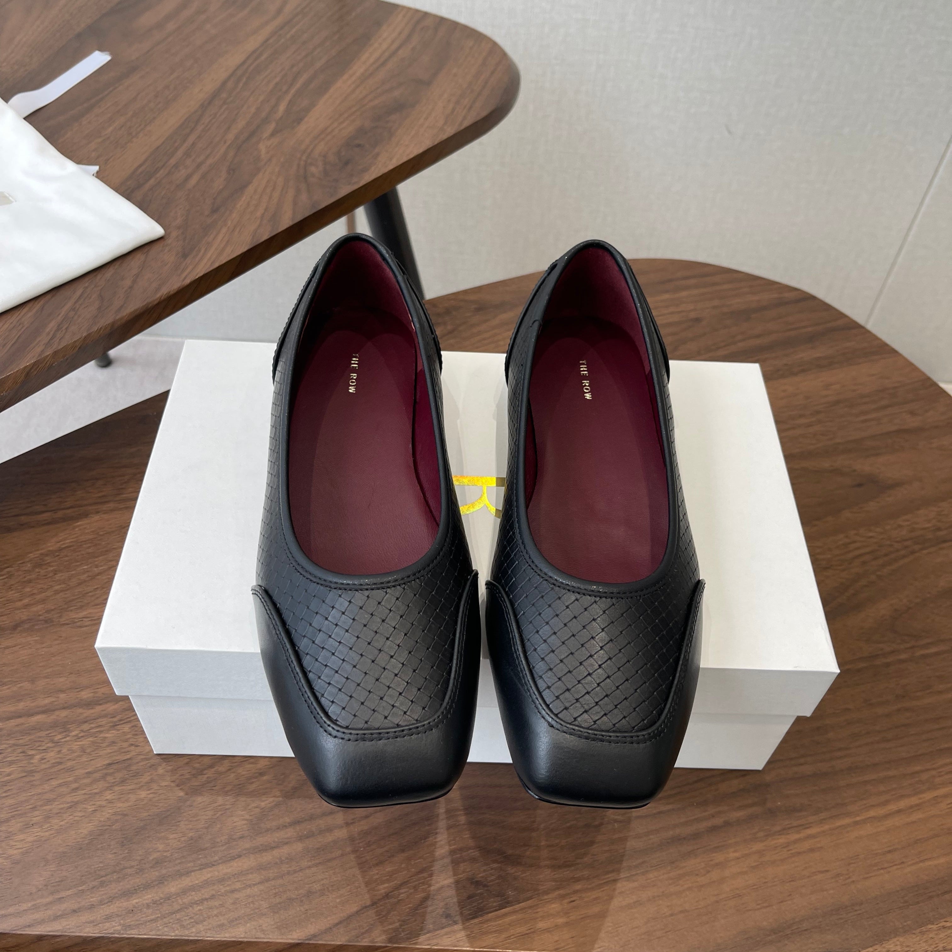 THE ROW 26S SQUARE TOE  BALLET FLATS IN BLACK CALFSKIN