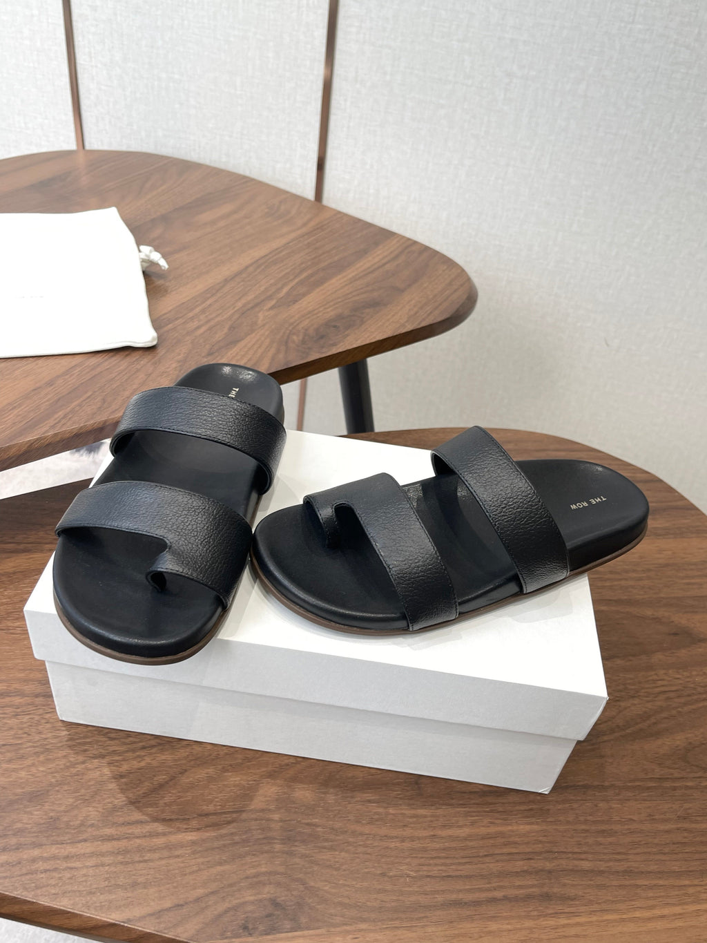 THE ROW 26S DOUBLE STRAP TOE LOOP SLIDE SANDALS IN BLACK CALFSKIN