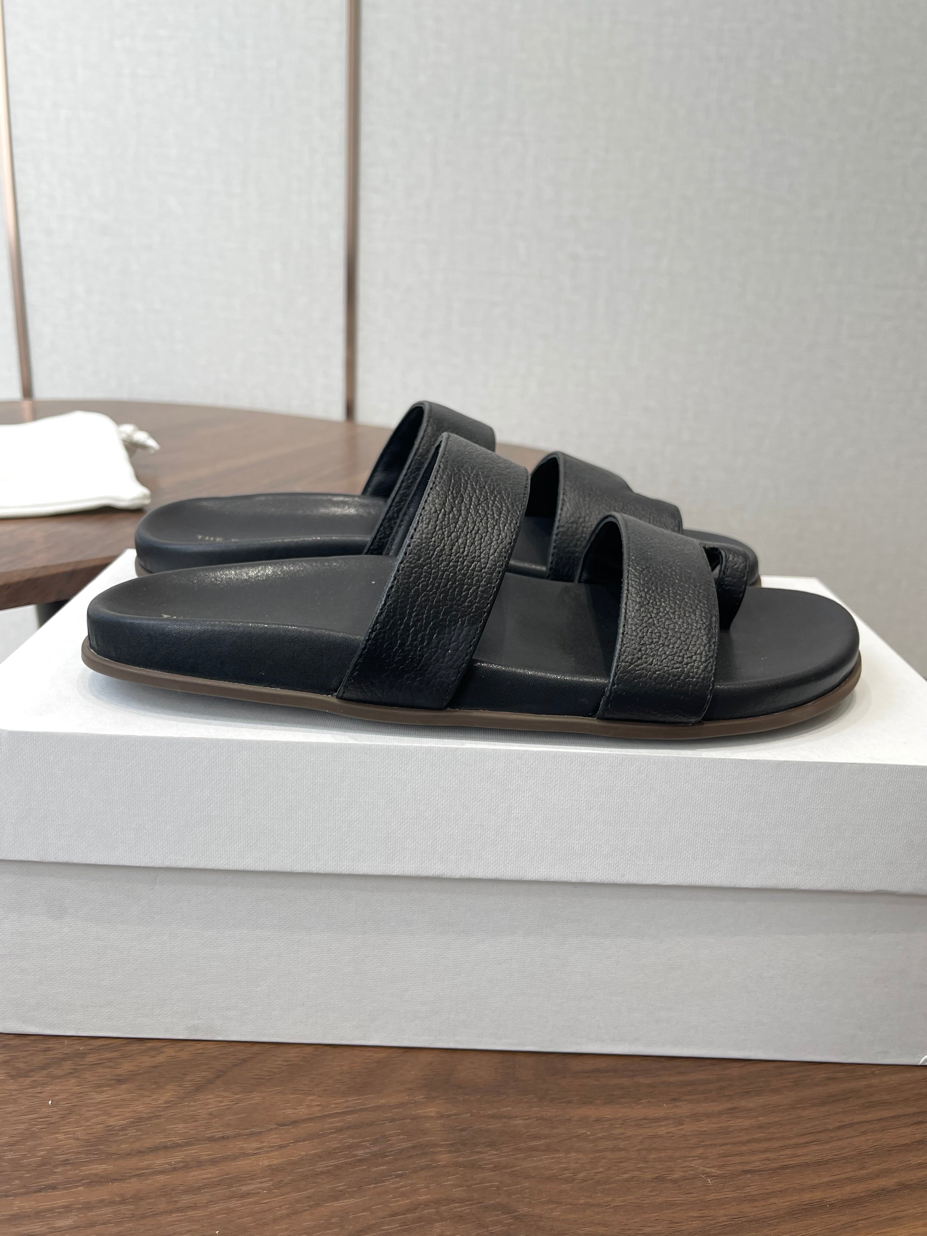 THE ROW 26S DOUBLE STRAP TOE LOOP SLIDE SANDALS IN BLACK CALFSKIN