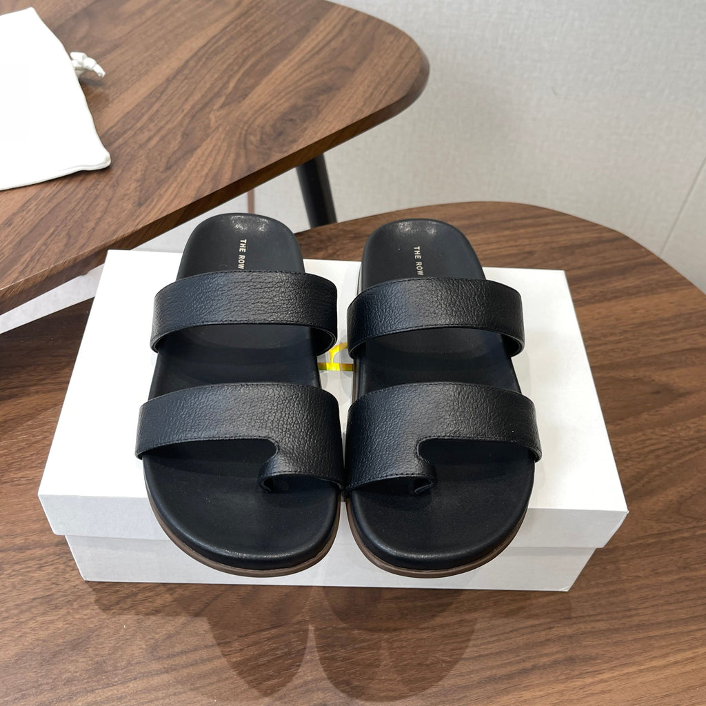 THE ROW 26S DOUBLE STRAP TOE LOOP SLIDE SANDALS IN BLACK CALFSKIN