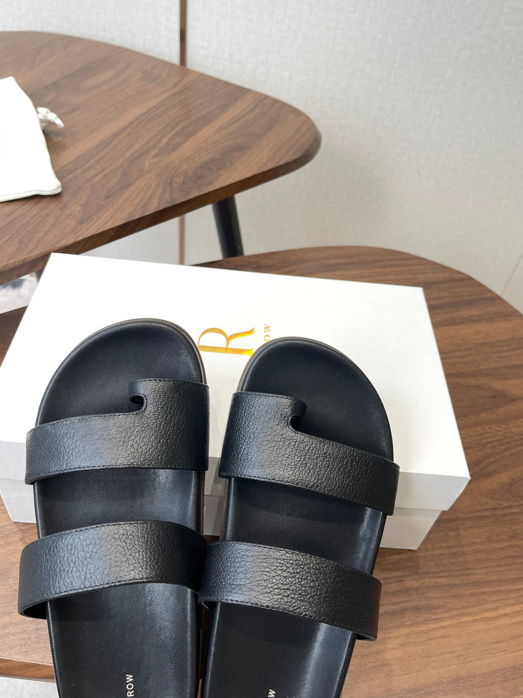 THE ROW 26S DOUBLE STRAP TOE LOOP SLIDE SANDALS IN BLACK CALFSKIN
