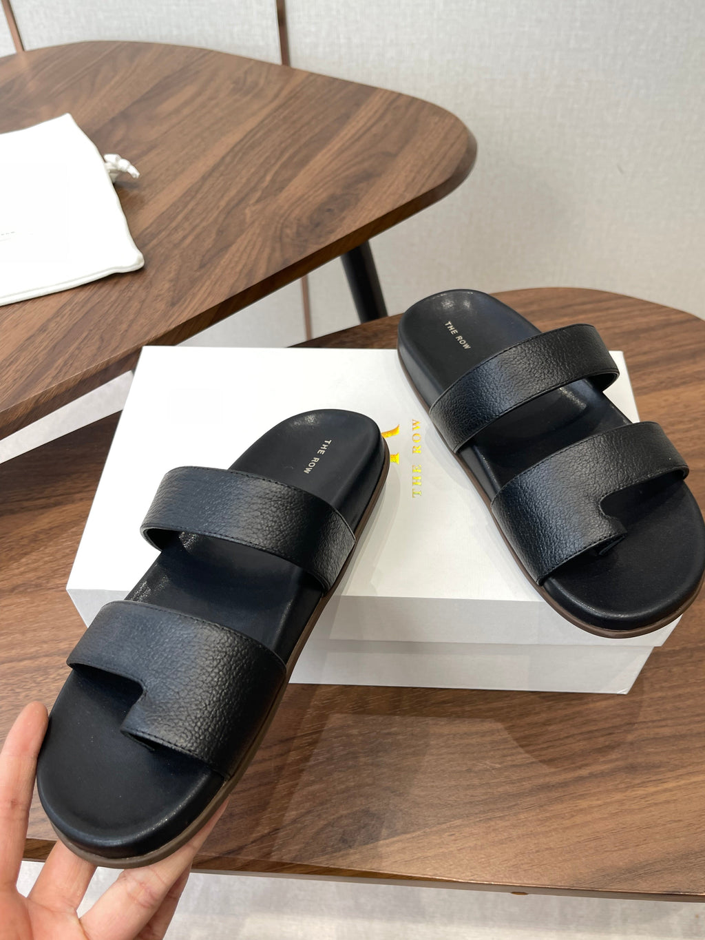 THE ROW 26S DOUBLE STRAP TOE LOOP SLIDE SANDALS IN BLACK CALFSKIN