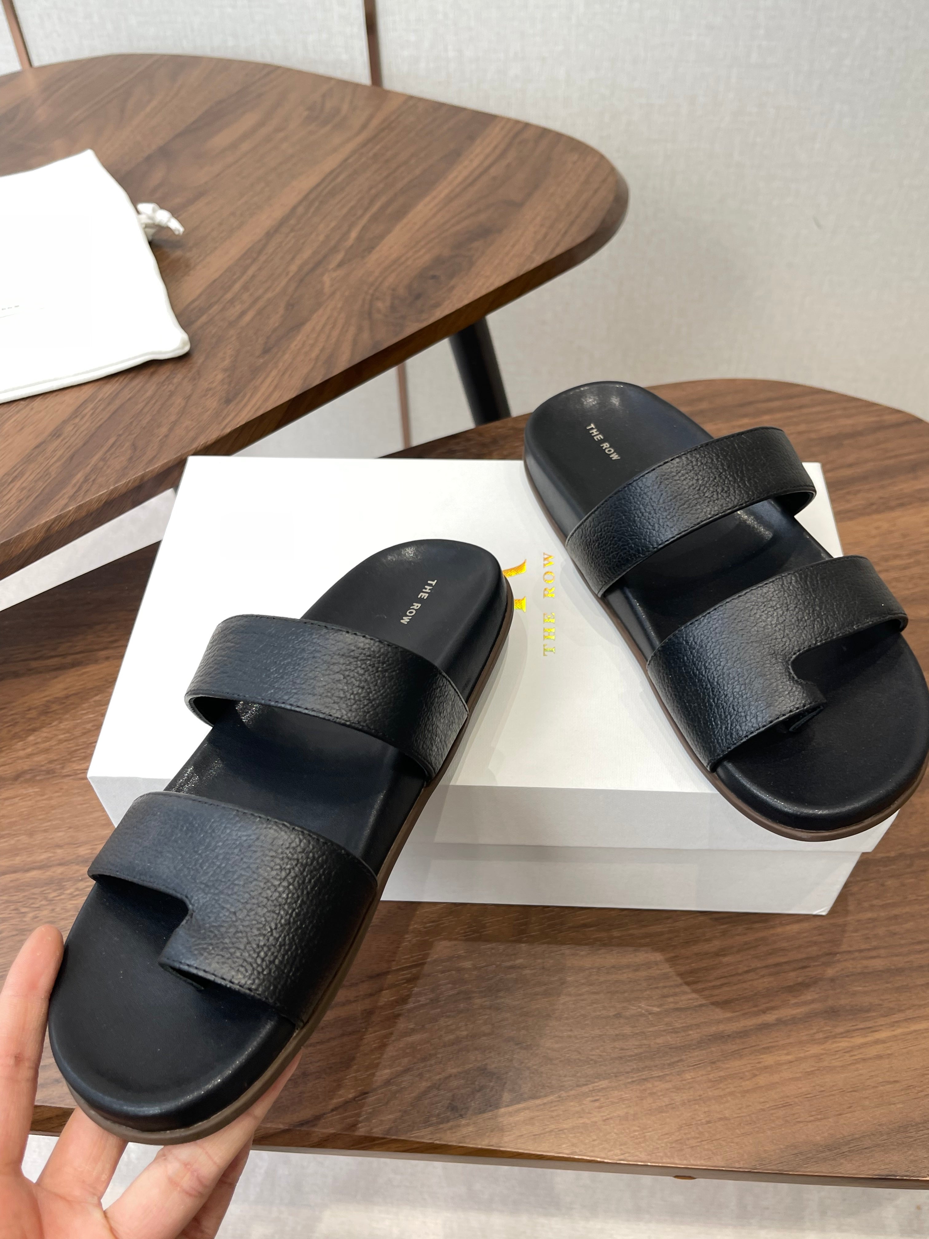 THE ROW 26S DOUBLE STRAP TOE LOOP SLIDE SANDALS IN BLACK CALFSKIN