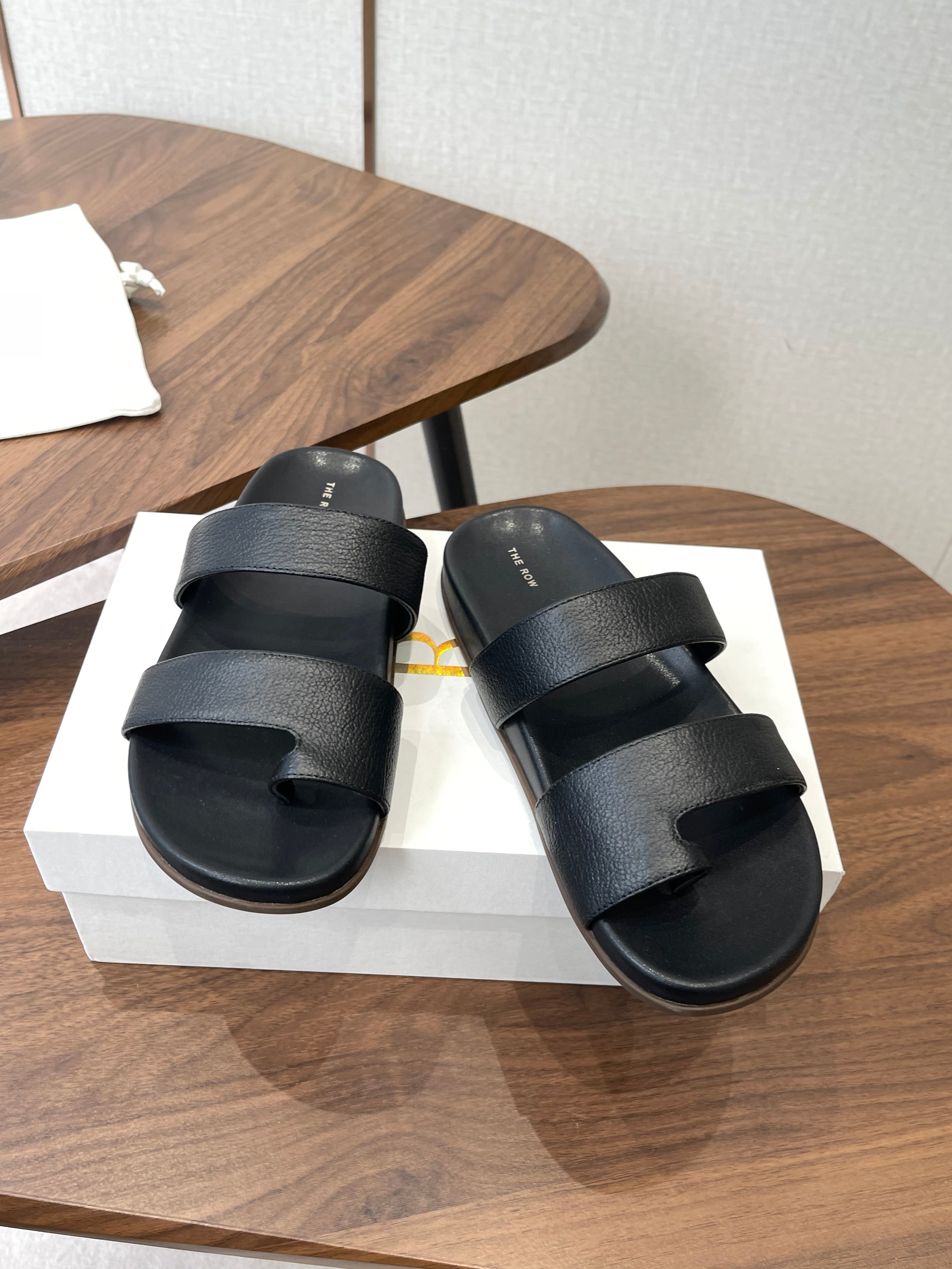 THE ROW 26S DOUBLE STRAP TOE LOOP SLIDE SANDALS IN BLACK CALFSKIN