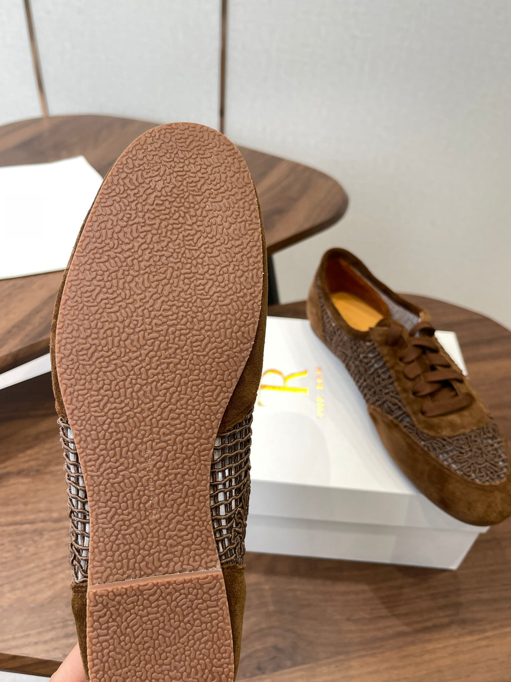 THE ROW 26S LACE UP SNEAKERS IN CARAMEL BROWN SUEDE
