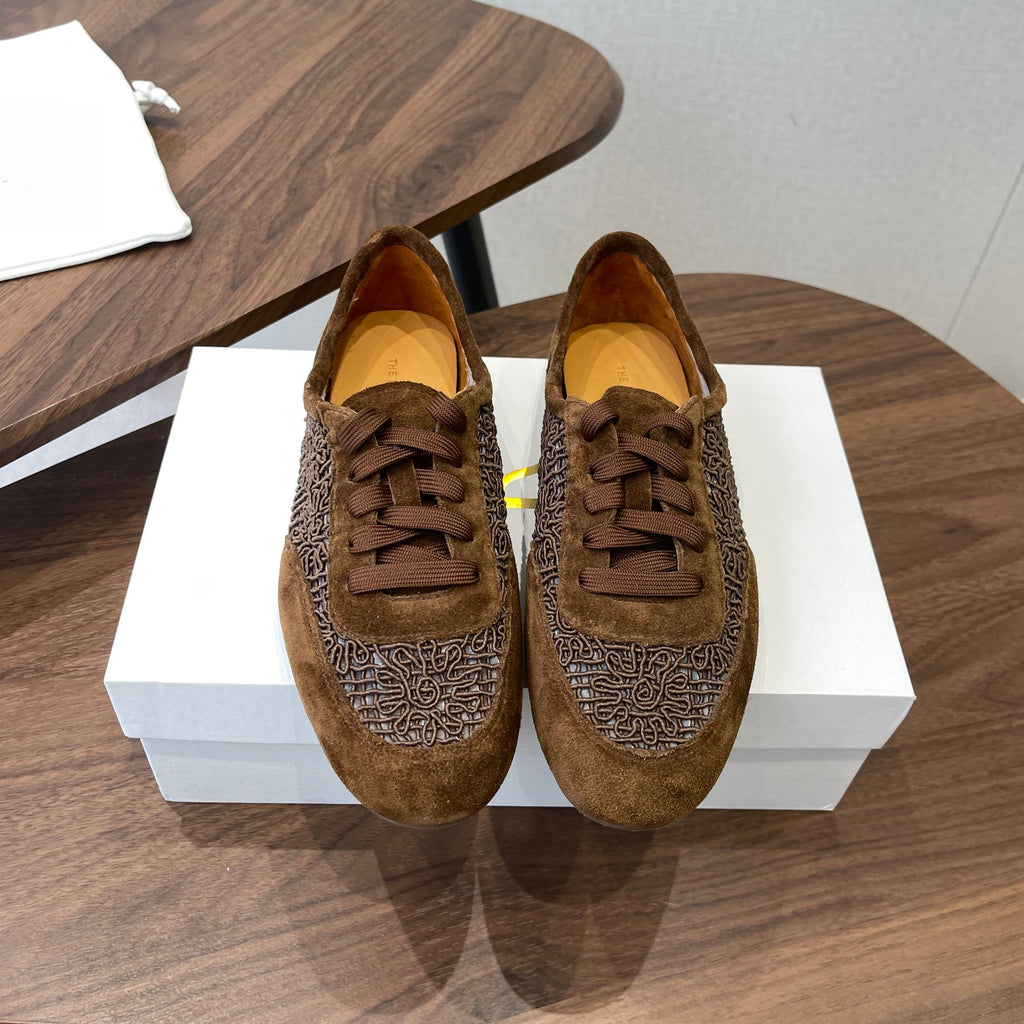 THE ROW 26S LACE UP SNEAKERS IN CARAMEL BROWN SUEDE