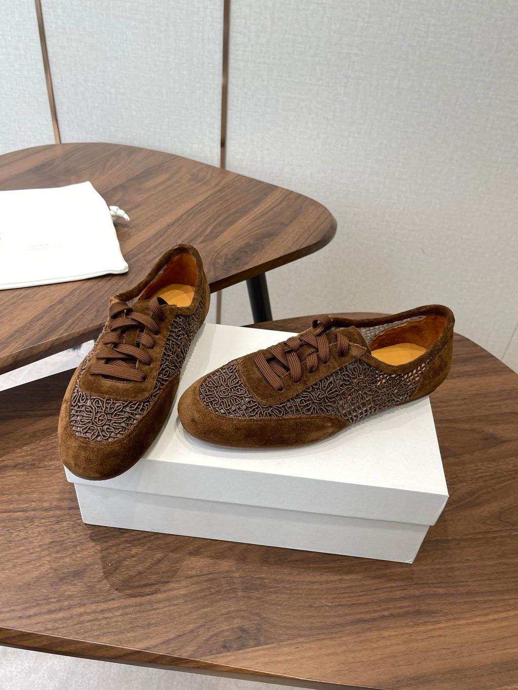 THE ROW 26S LACE UP SNEAKERS IN CARAMEL BROWN SUEDE