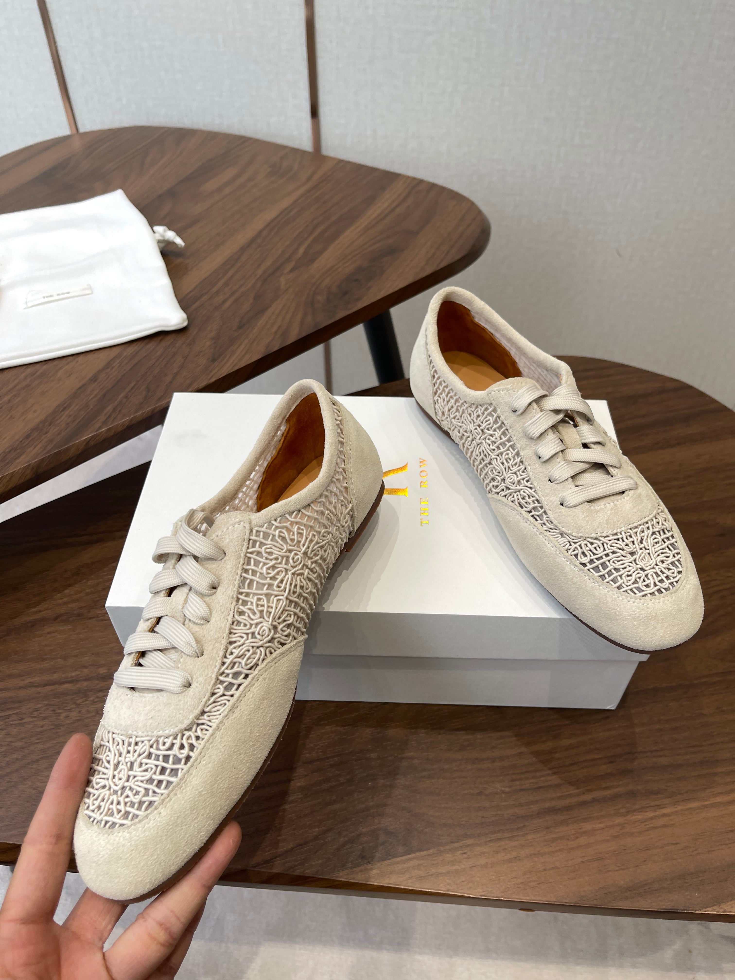 THE ROW 26S LACE UP SNEAKERS IN IVORY BEIGE SUEDE