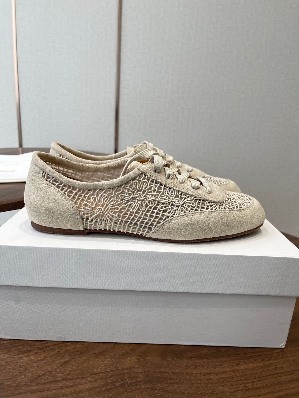 THE ROW 26S LACE UP SNEAKERS IN IVORY BEIGE SUEDE