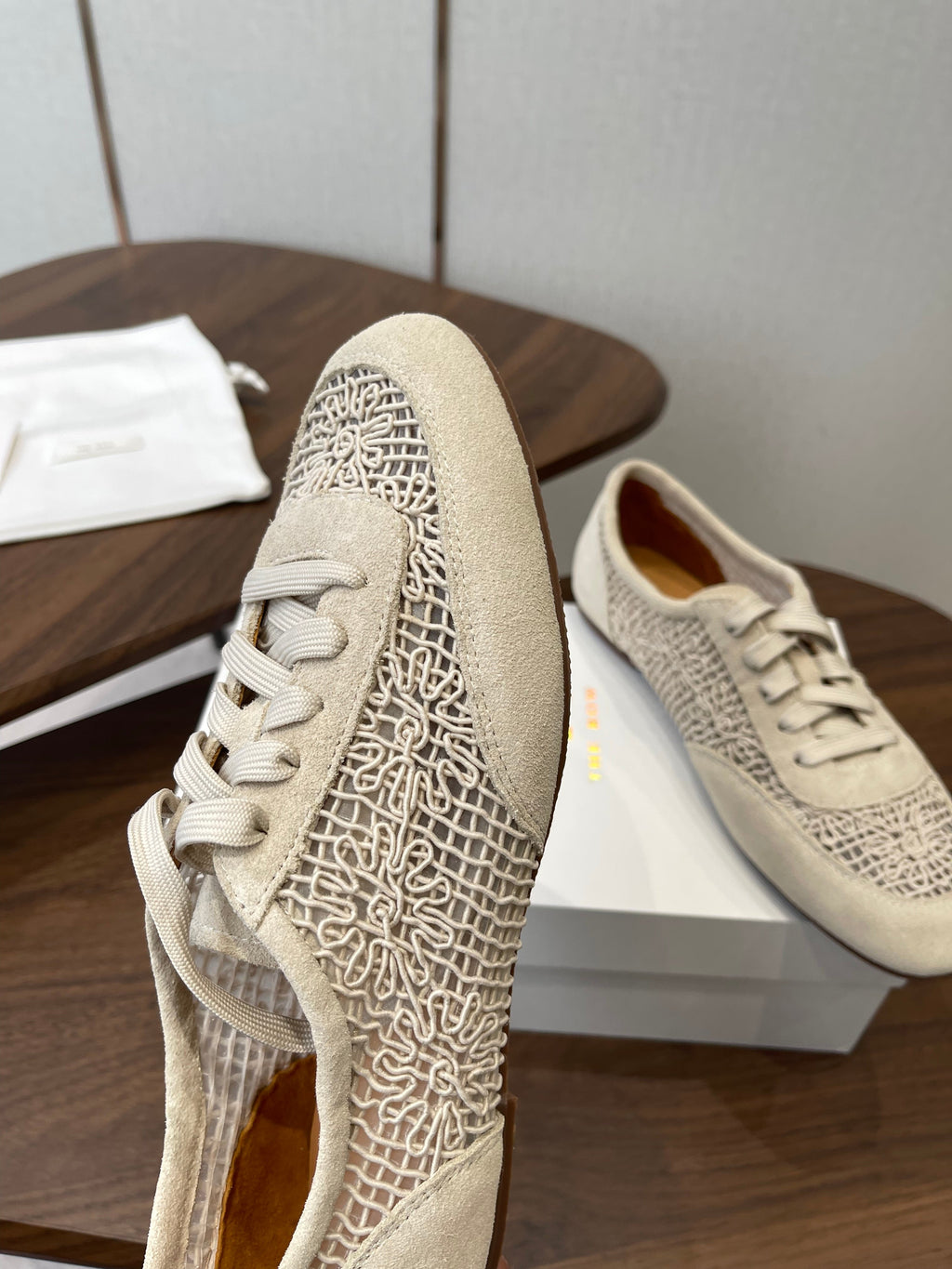 THE ROW 26S LACE UP SNEAKERS IN IVORY BEIGE SUEDE